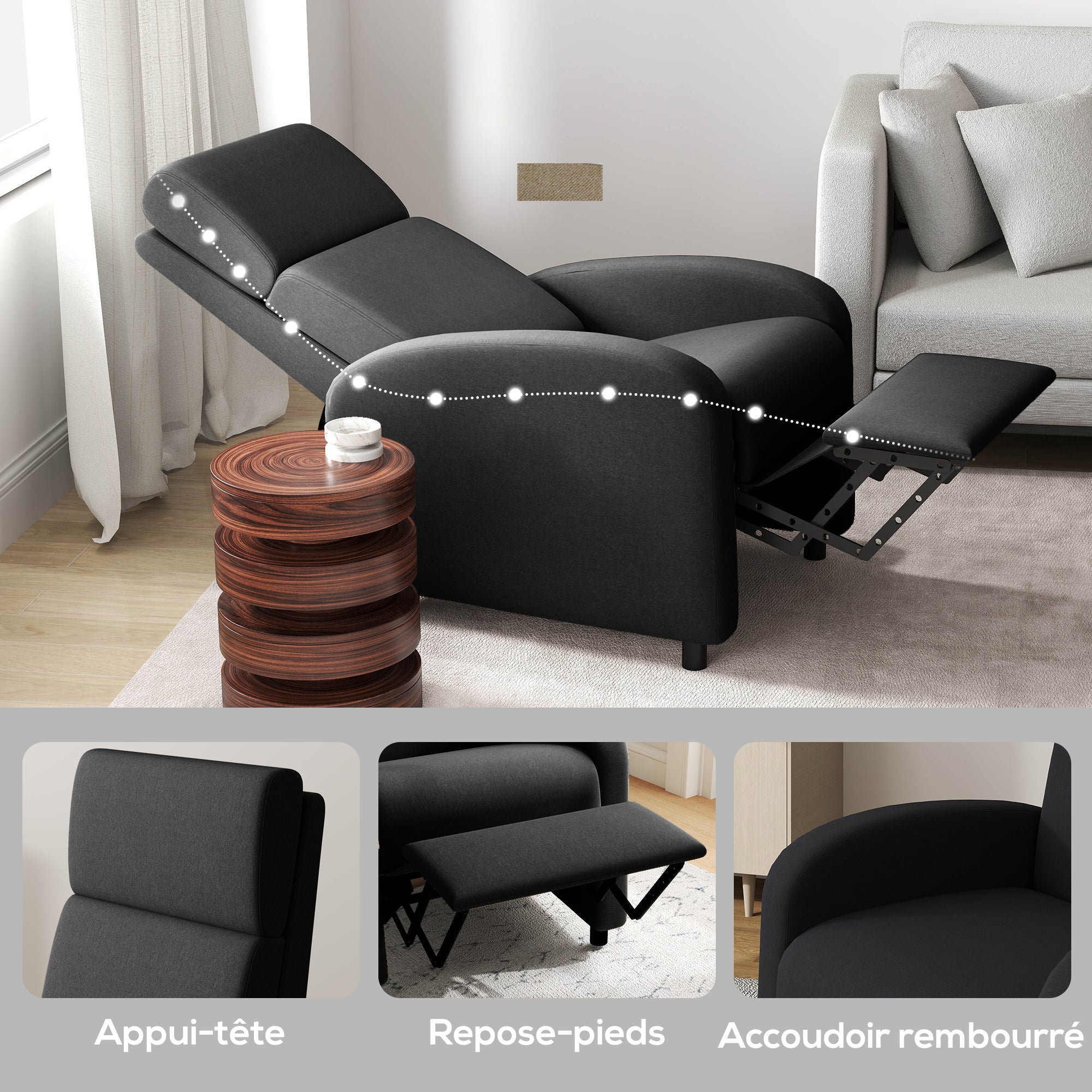 Fauteuil relax fauteuil de relaxation inclinable salon avec dossier réglable jusqu'à 160° manuellement, repose-pieds intégré pour salon chambre bureau home cinéma, charge 120 kg, noir
