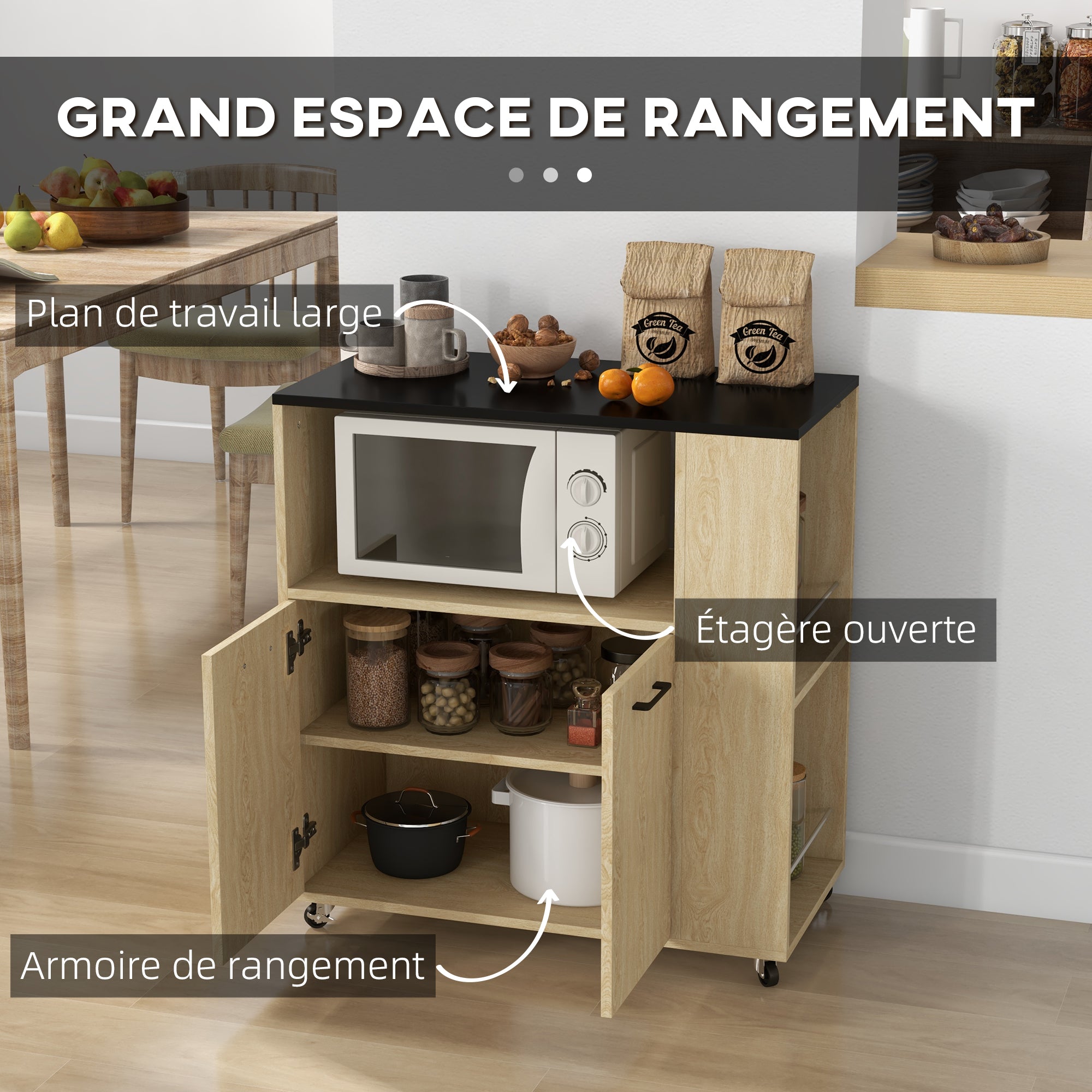 Desserte de cuisine à roulettes chariot de service étagère réglable multi-rangements meuble de rangement pour cuisine et salon 75 x 40 x 80,5 cm naturel noir