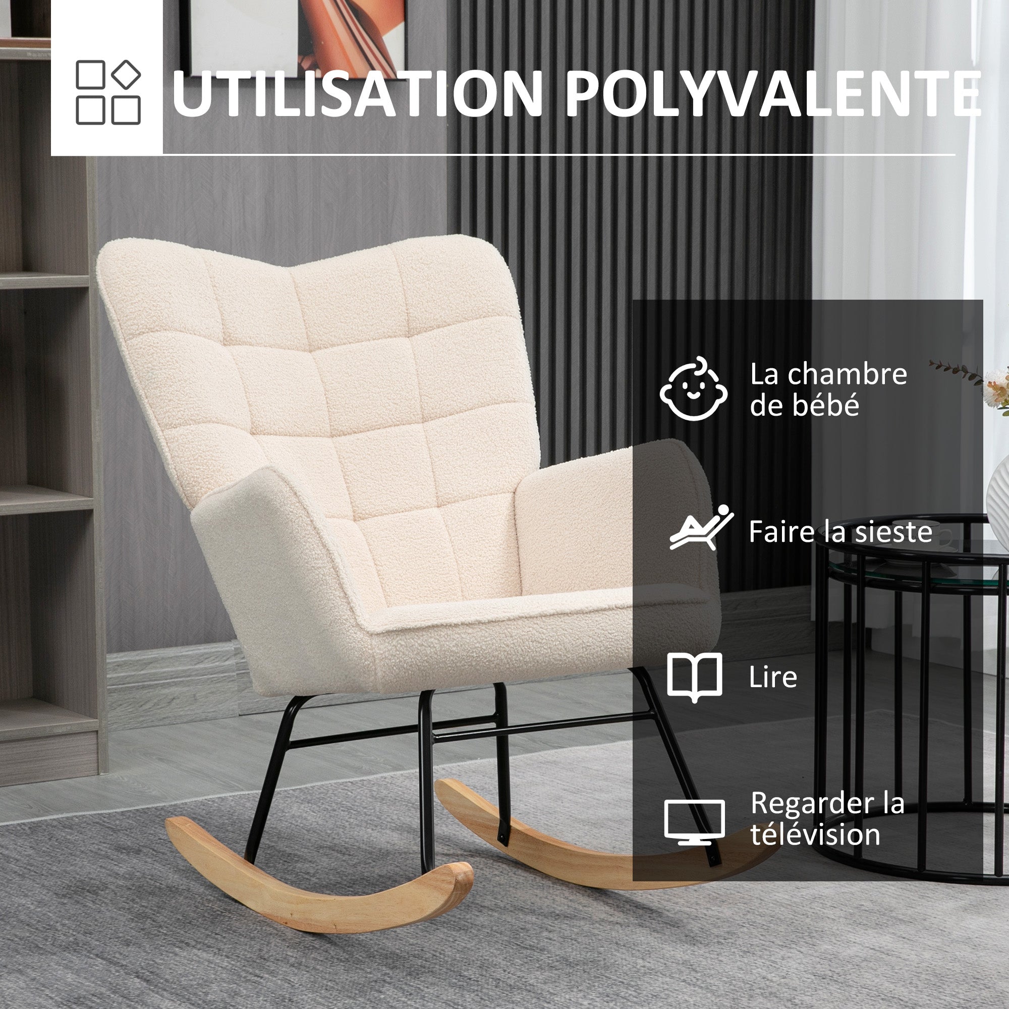 Fauteuil à bascule, rocking chair, revêtement bouclette, fauteuil allaitement, chaise à bascule, structure en acier, pieds en bois massif, beige