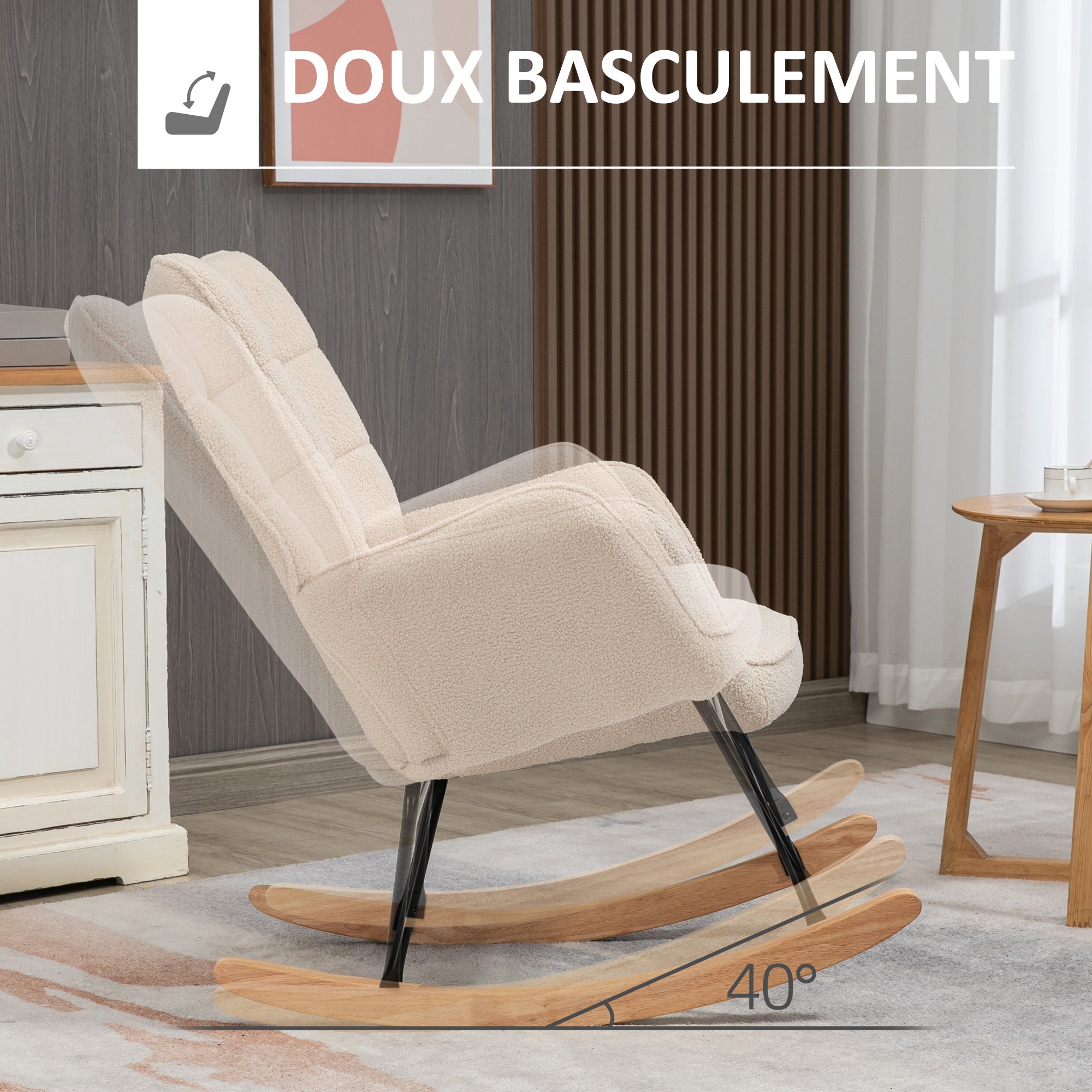 Fauteuil à bascule, rocking chair, revêtement bouclette, fauteuil allaitement, chaise à bascule, structure en acier, pieds en bois massif, beige