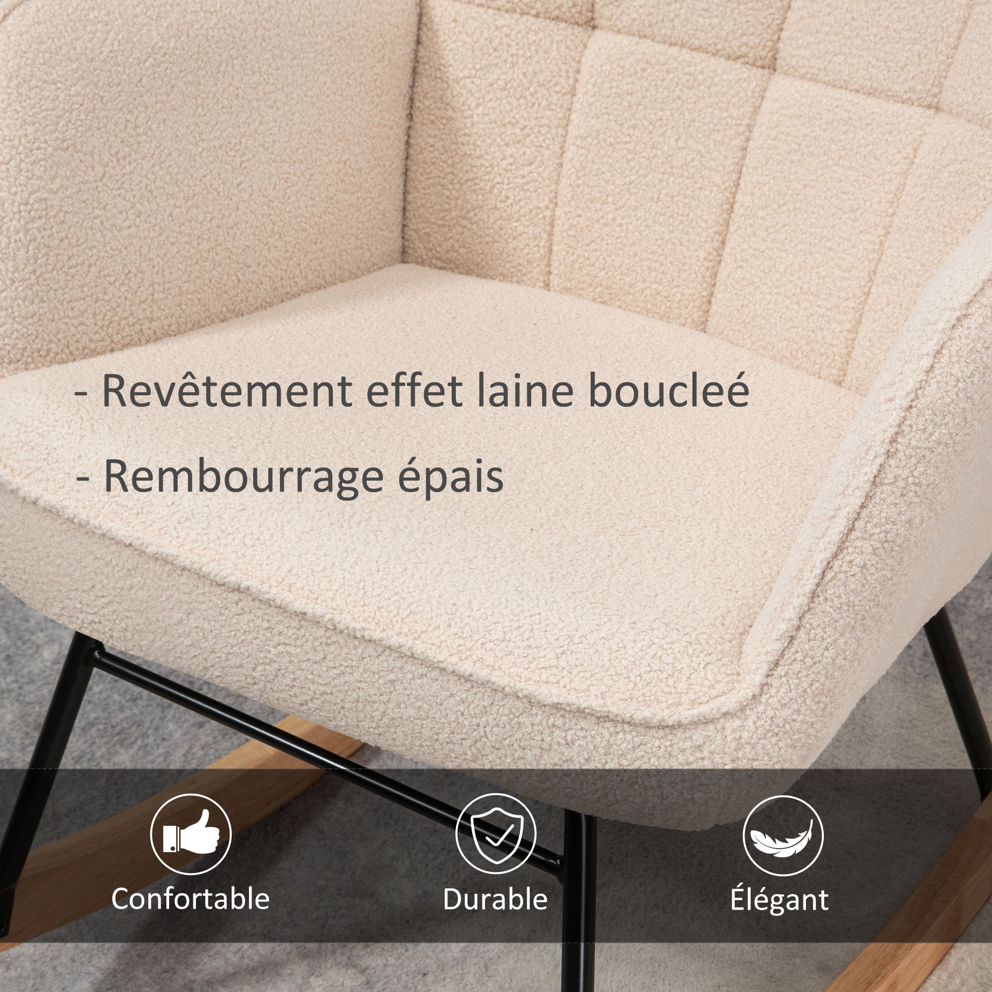 Fauteuil à bascule, rocking chair, revêtement bouclette, fauteuil allaitement, chaise à bascule, structure en acier, pieds en bois massif, beige