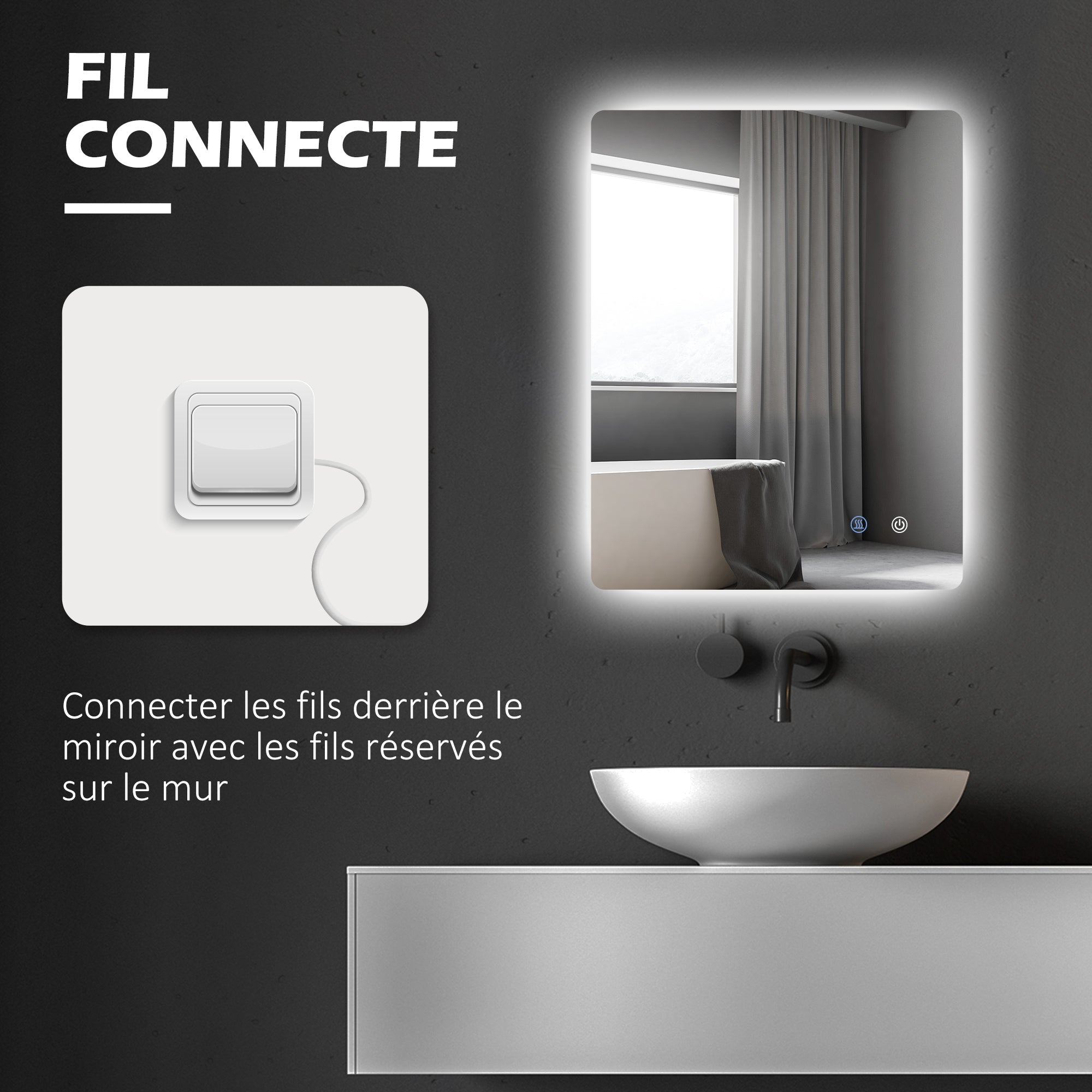 Miroir rectangulaire mural lumineux LED de salle de bain - 80 x 60 cm - 3 couleurs, luminosité réglable interrupteur tactile système antibuée blanc transparent