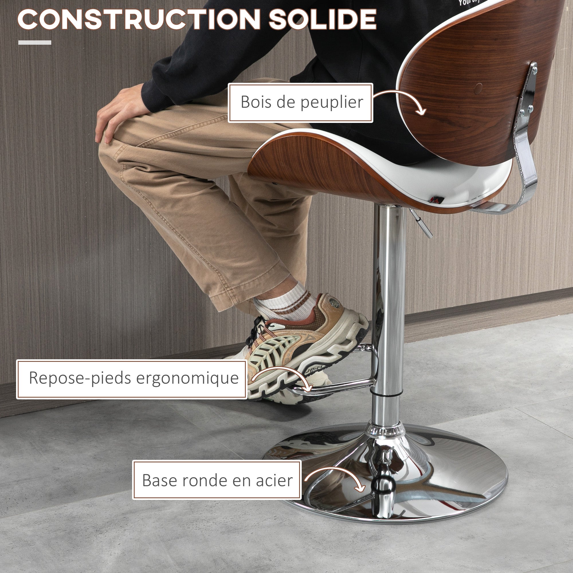 Lot de 2 tabourets de bar chaise de cuisine avec dossier revêtement synthétique hauteur réglable pivotant repose-pied blanc