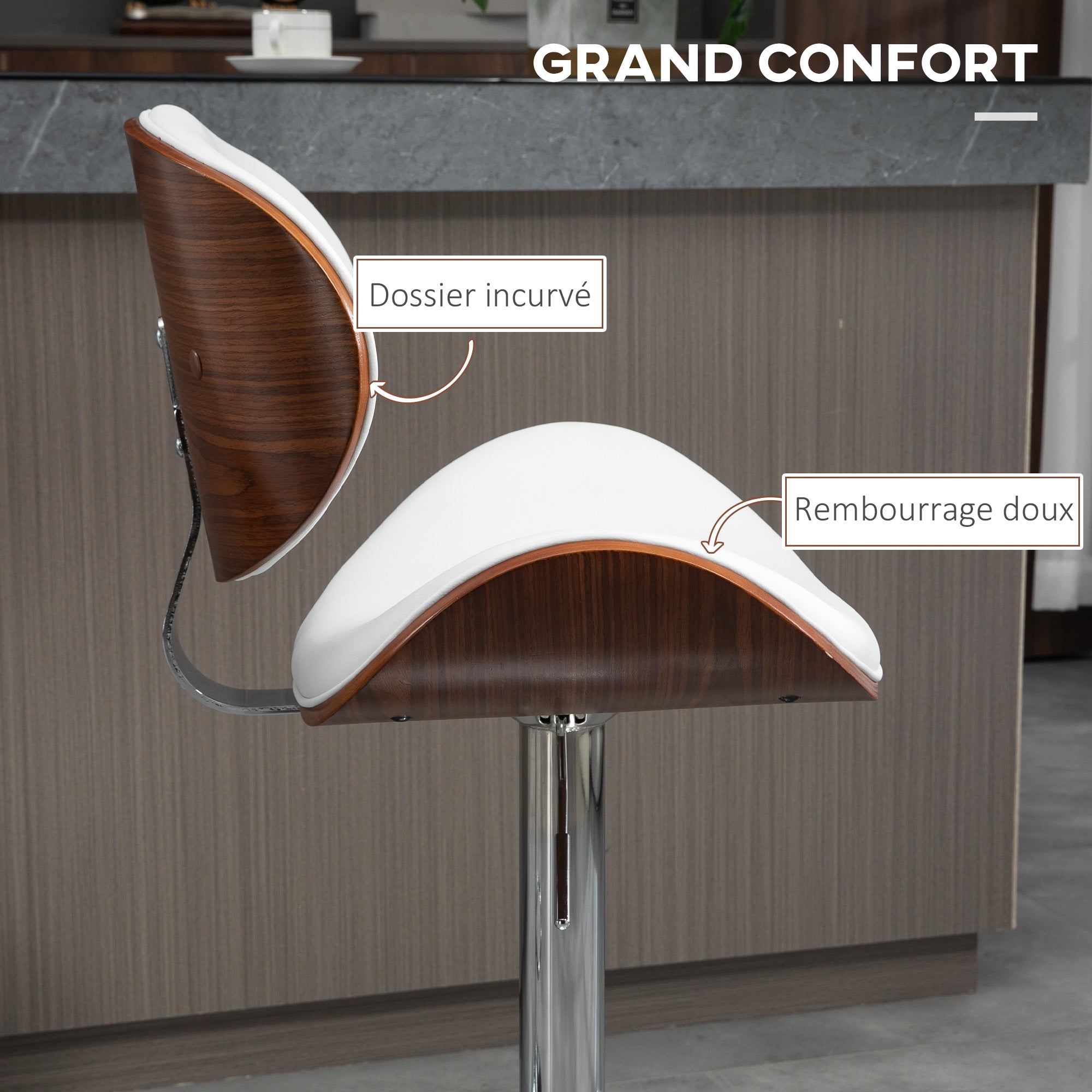 Lot de 2 tabourets de bar chaise de cuisine avec dossier revêtement synthétique hauteur réglable pivotant repose-pied blanc