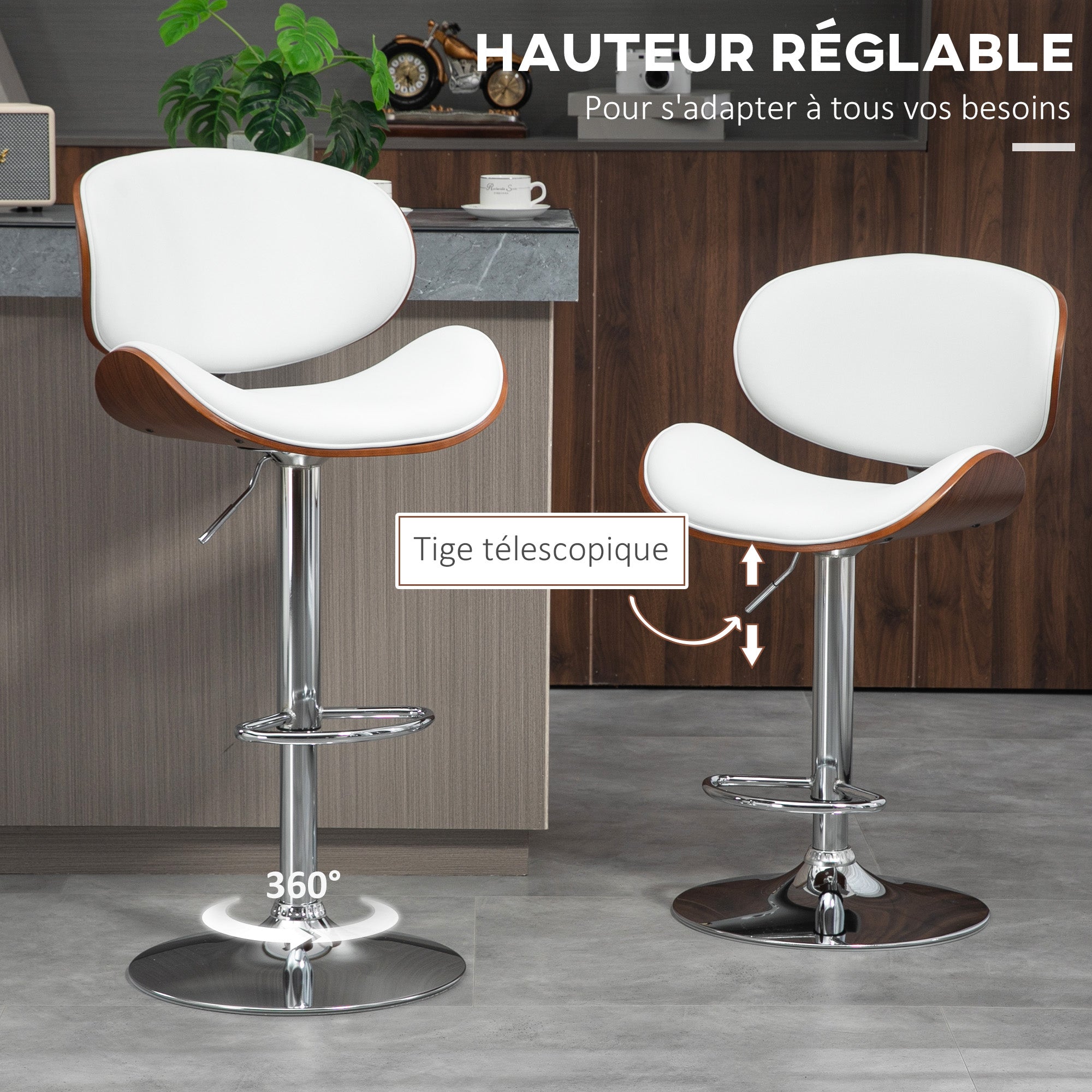 Lot de 2 tabourets de bar chaise de cuisine avec dossier revêtement synthétique hauteur réglable pivotant repose-pied blanc