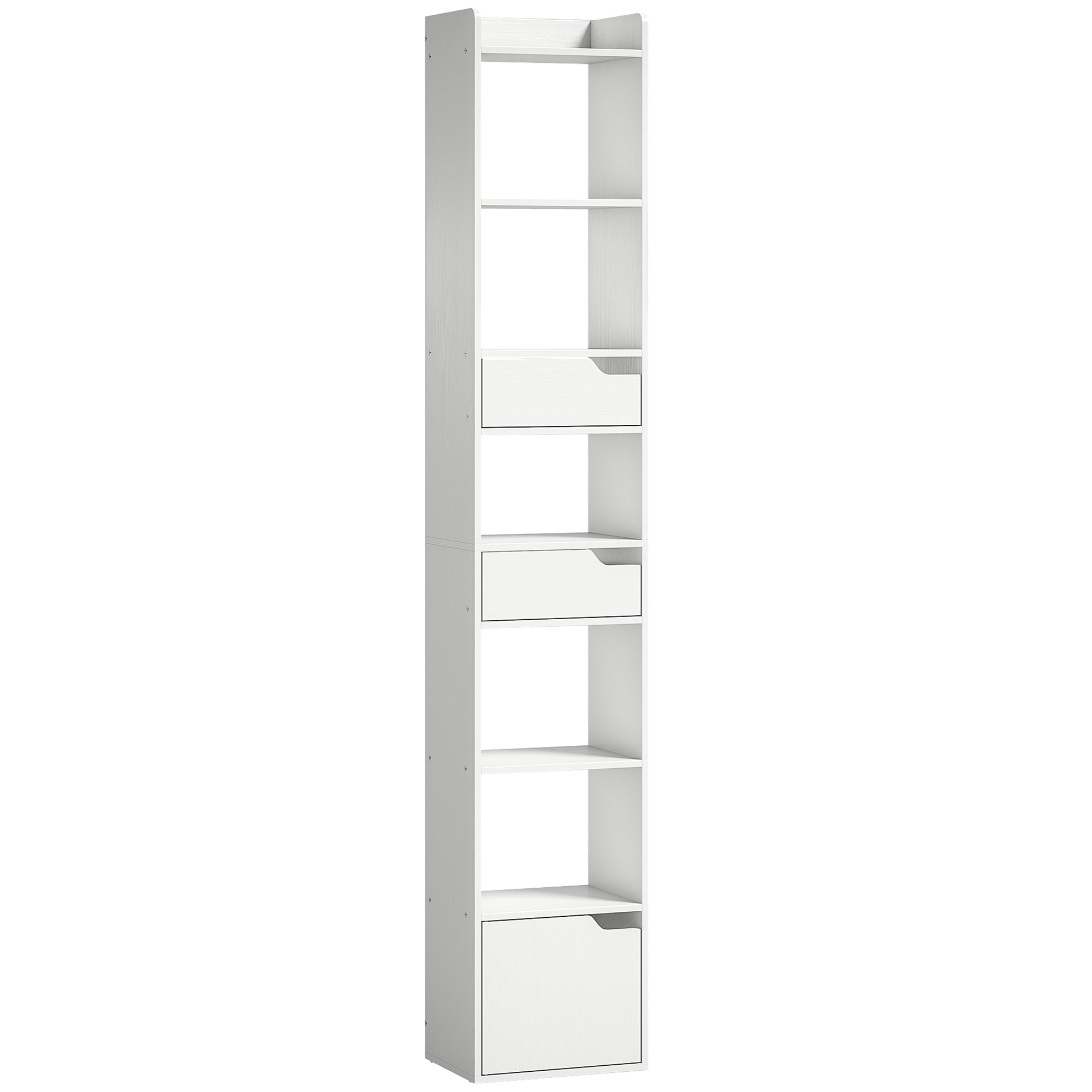 Bibliothèque étagère de rangement, étagère à livres étroite 32 x 24 x 181,5 cm avec porte, 2 tiroirs, compartiments ouverts, meuble de rangement pour salon, chambre, bureau, blanc