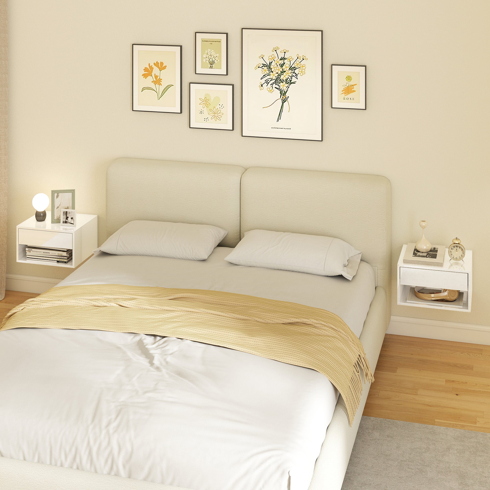 Lot de 2 tables de chevet murales, tables de nuit suspendues avec tiroir coulissant, compartiment ouvert, plateau, style moderne, 37 x 32 x 21 cm, blanc