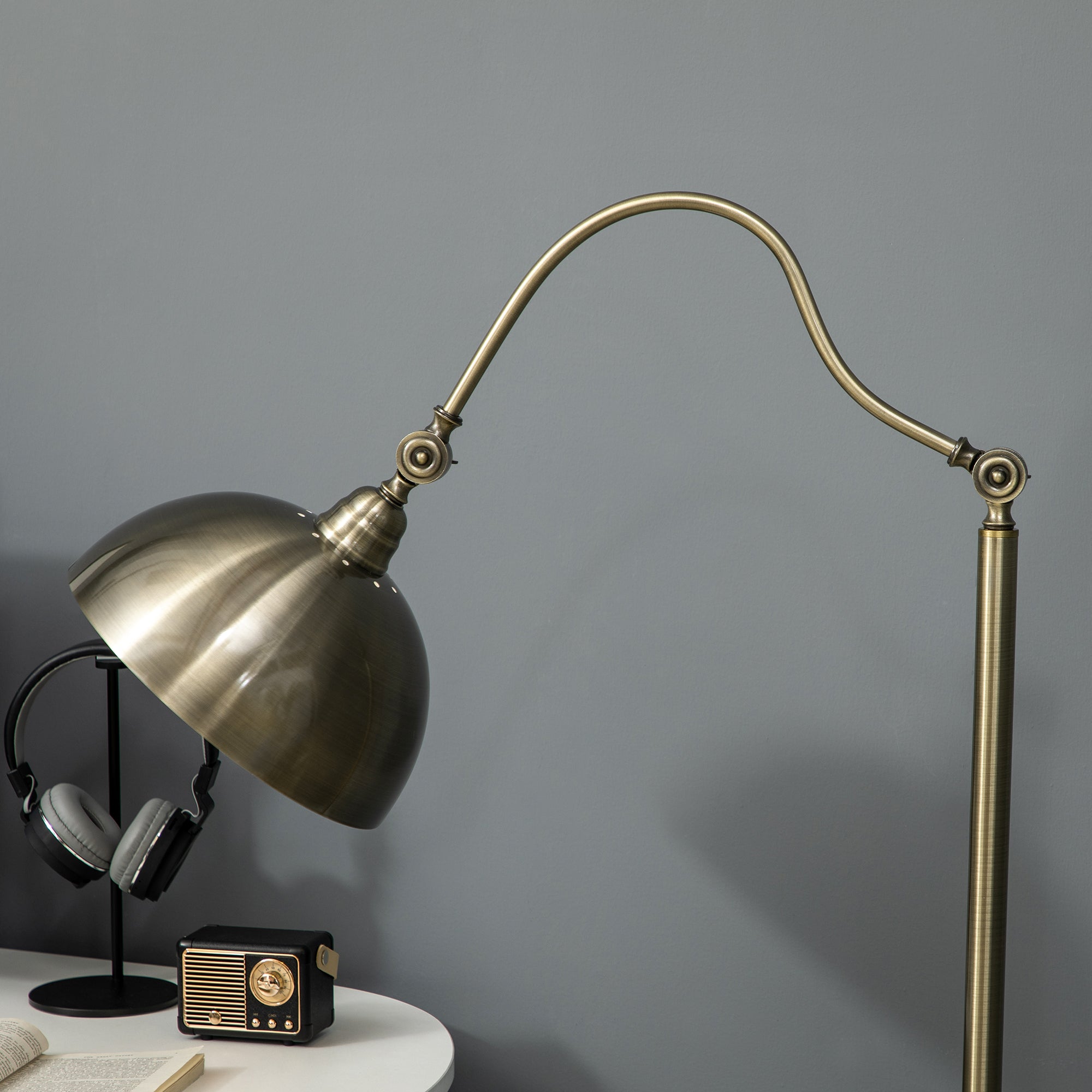 Lampadaire sur pied salon rotatif à 180°, lampadaire à arc avec abat-jour réglable, interrupteur, lampe sur pied E27, lampe de lecture en métal, pour salon, chambre, bureau, bronze