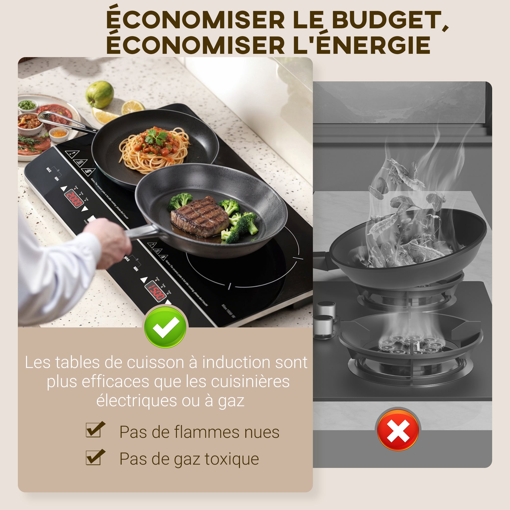 Plaque à induction portable 2 feux3500 W plaque de cuisson électrique avec 10 niveaux de température et 8 réglages de puissance, minuterie 3H, écran tactile LED, verrouillage enfant, noir