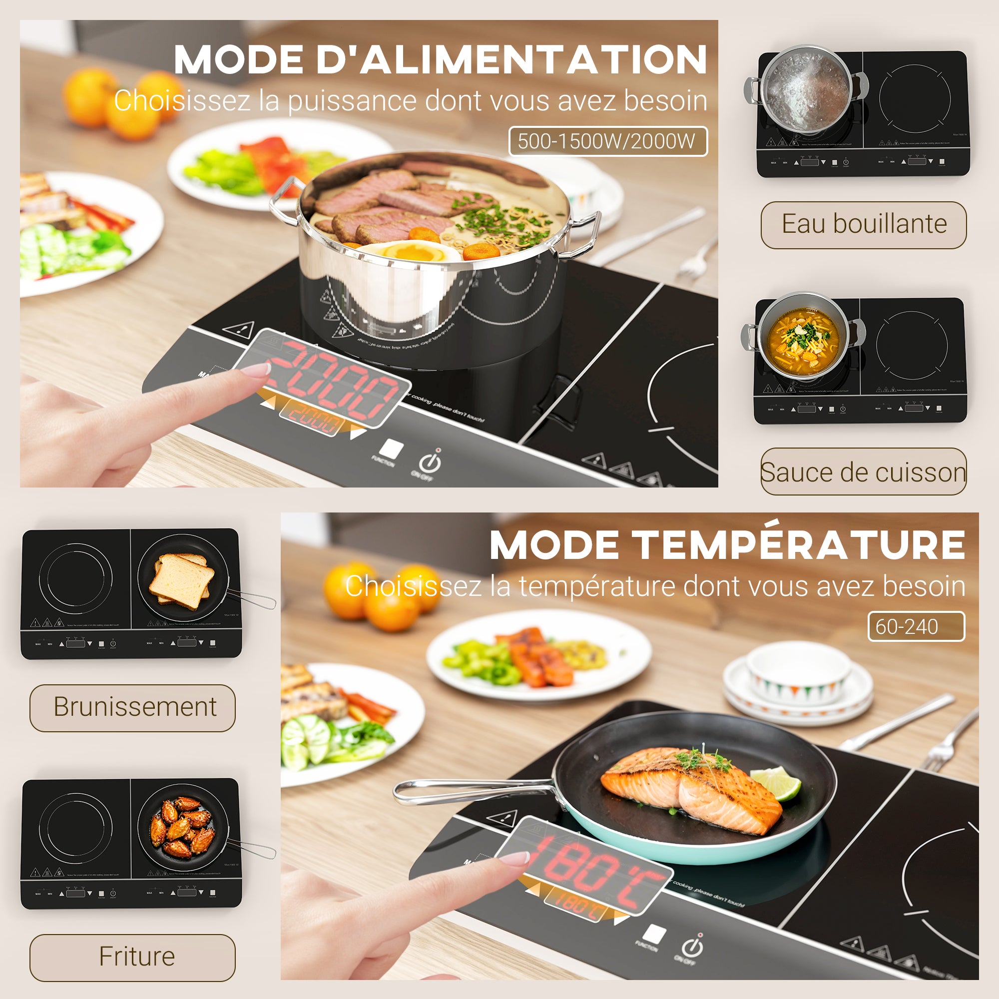 Plaque à induction portable 2 feux3500 W plaque de cuisson électrique avec 10 niveaux de température et 8 réglages de puissance, minuterie 3H, écran tactile LED, verrouillage enfant, noir