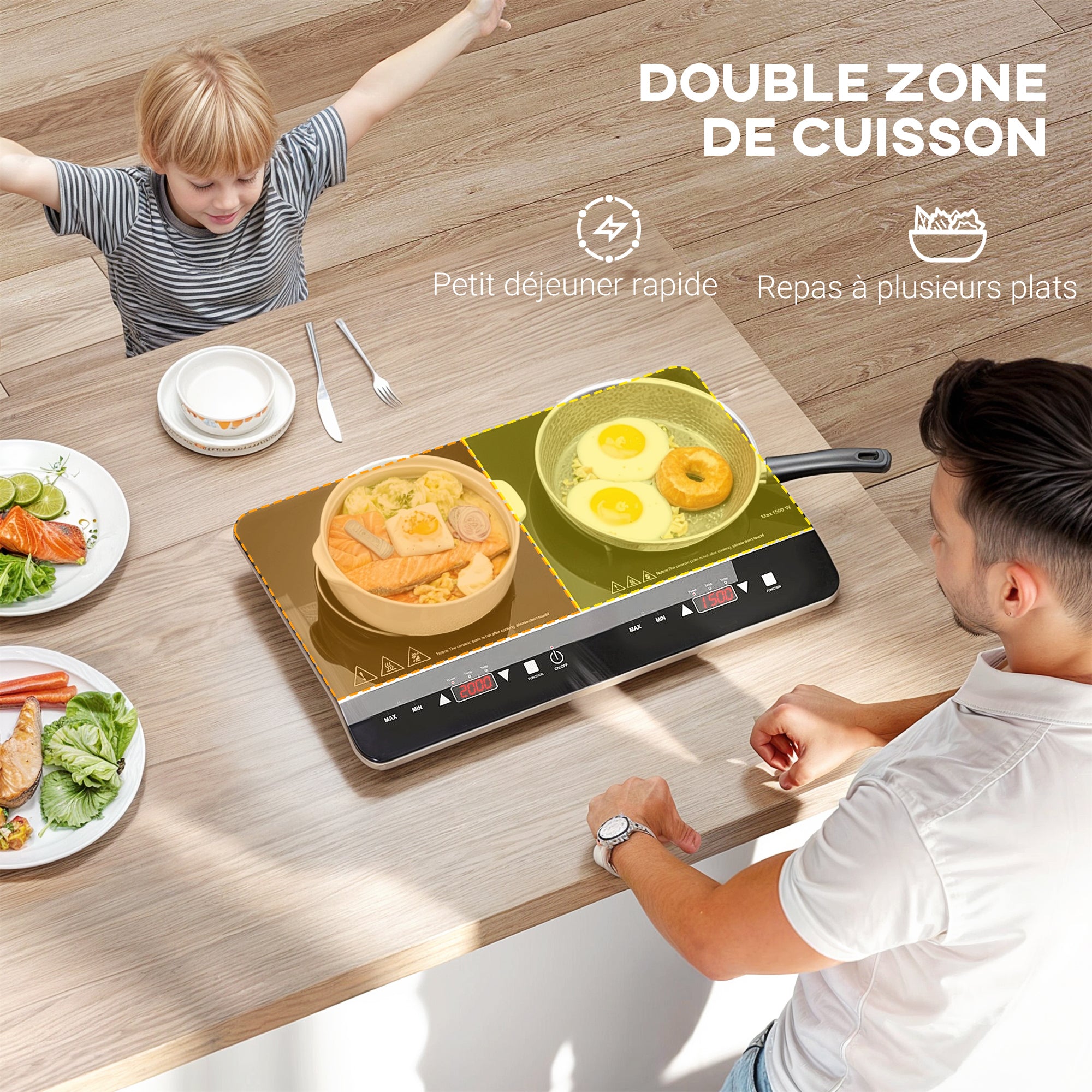 Plaque à induction portable 2 feux3500 W plaque de cuisson électrique avec 10 niveaux de température et 8 réglages de puissance, minuterie 3H, écran tactile LED, verrouillage enfant, noir