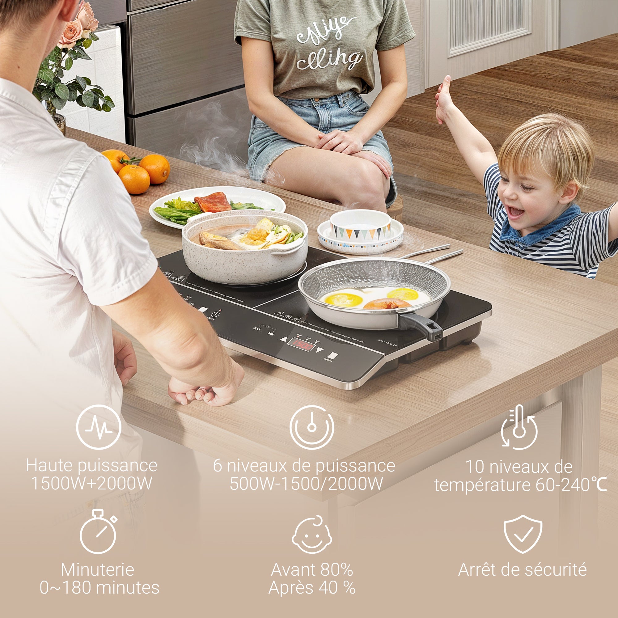 Plaque à induction portable 2 feux3500 W plaque de cuisson électrique avec 10 niveaux de température et 8 réglages de puissance, minuterie 3H, écran tactile LED, verrouillage enfant, noir