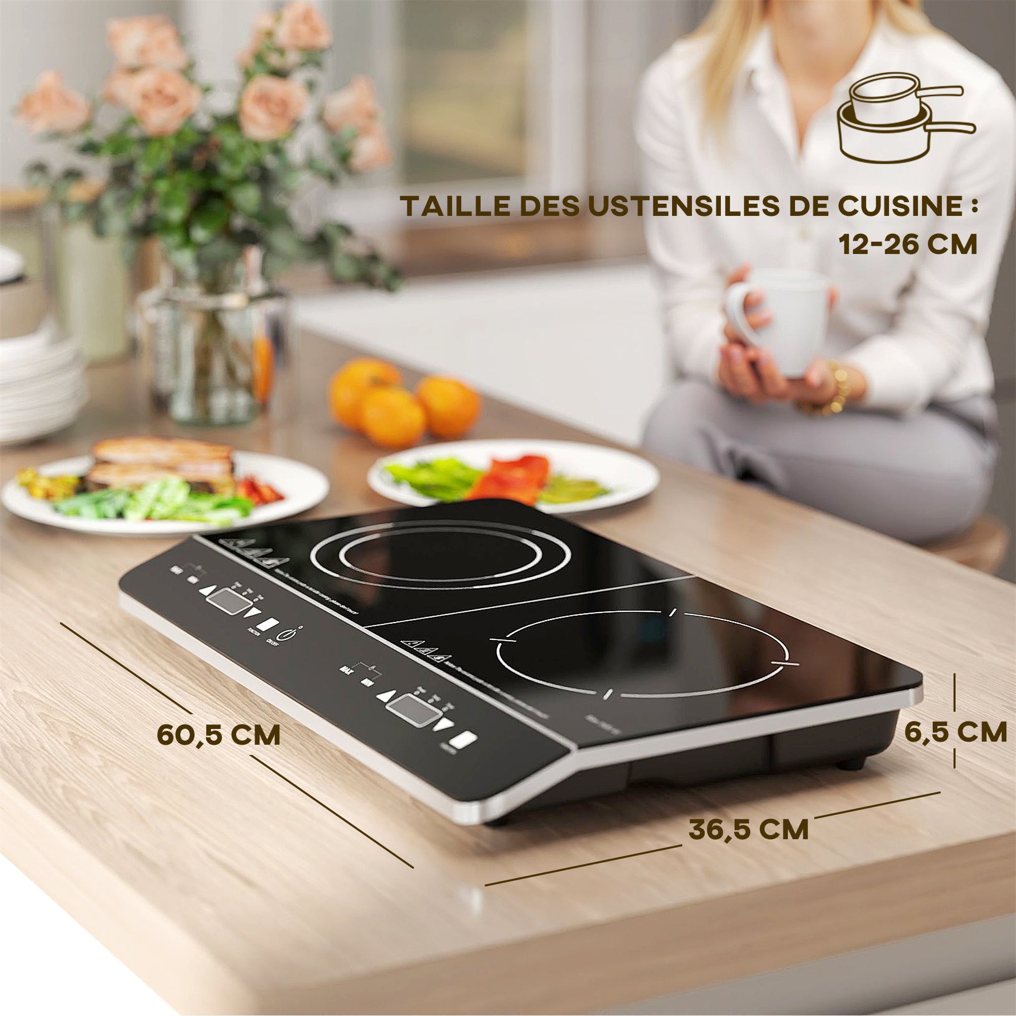 Plaque à induction portable 2 feux3500 W plaque de cuisson électrique avec 10 niveaux de température et 8 réglages de puissance, minuterie 3H, écran tactile LED, verrouillage enfant, noir
