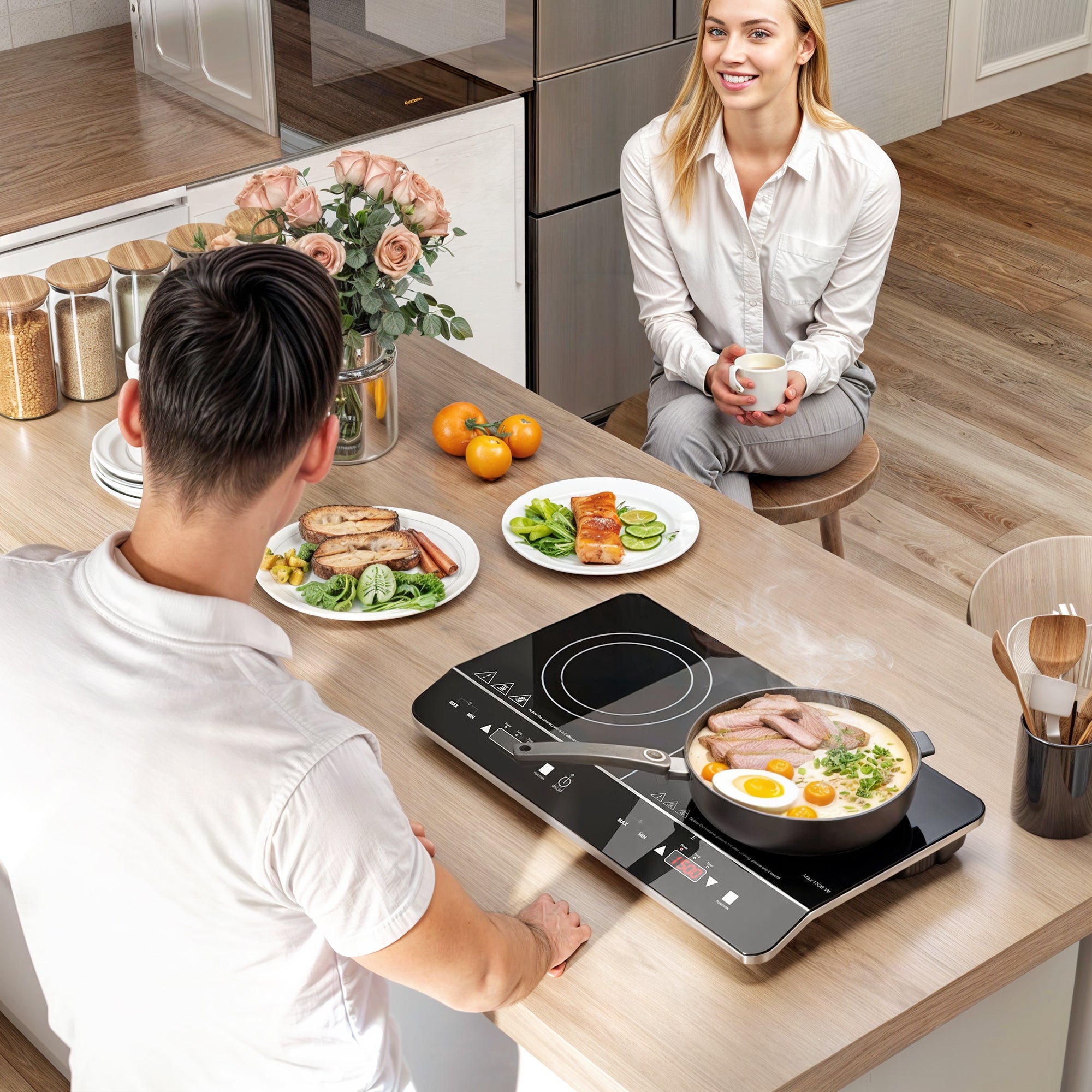 Plaque à induction portable 2 feux3500 W plaque de cuisson électrique avec 10 niveaux de température et 8 réglages de puissance, minuterie 3H, écran tactile LED, verrouillage enfant, noir