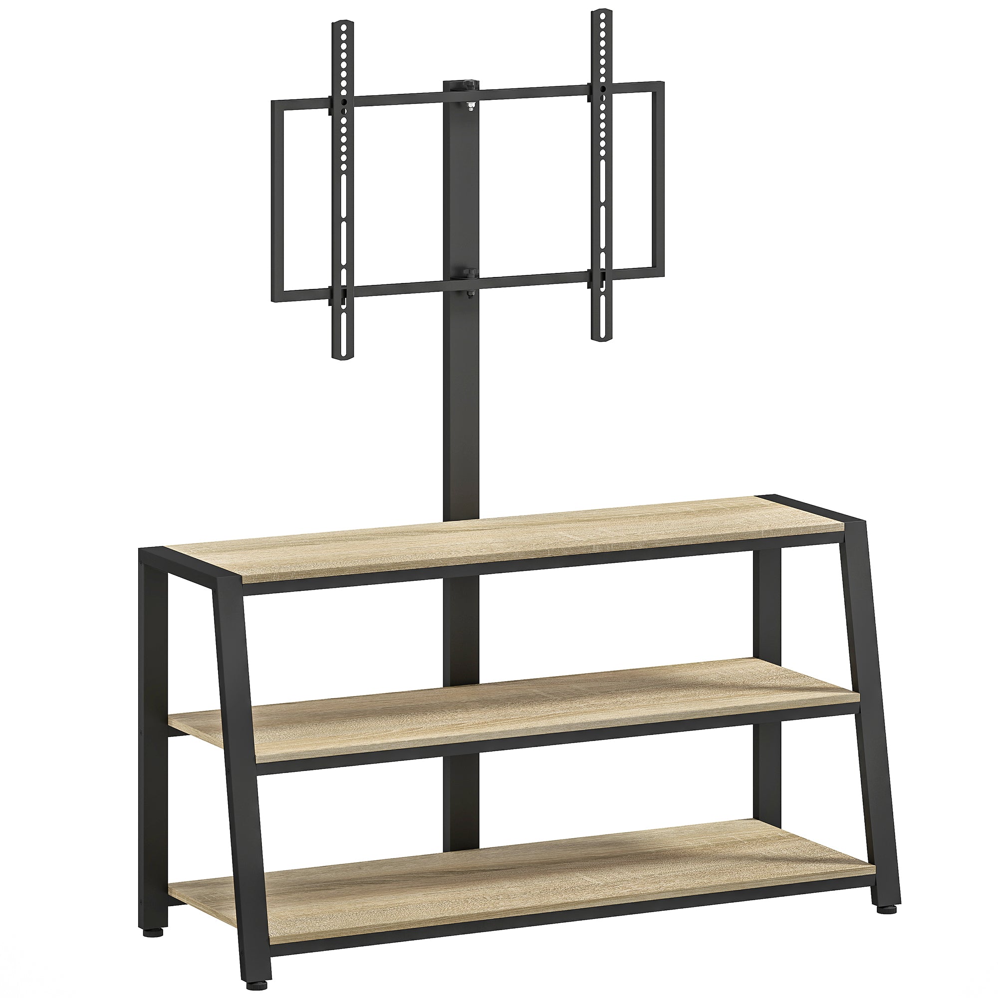 Meuble TV avec support orientable 35°, meuble télé pour téléviseurs de 32-70 pouces, étagères ouvertes, banc TV industriel pour salon chambre à coucher, 108x41x135cm, effet bois naturel