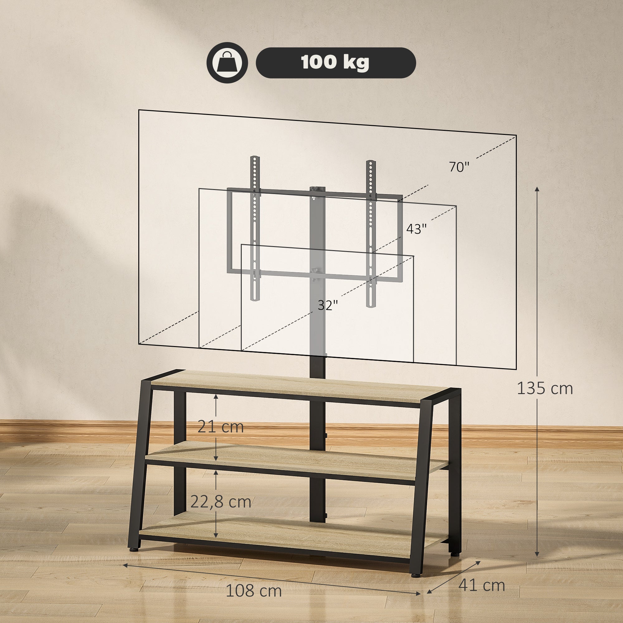 Meuble TV avec support orientable 35°, meuble télé pour téléviseurs de 32-70 pouces, étagères ouvertes, banc TV industriel pour salon chambre à coucher, 108x41x135cm, effet bois naturel