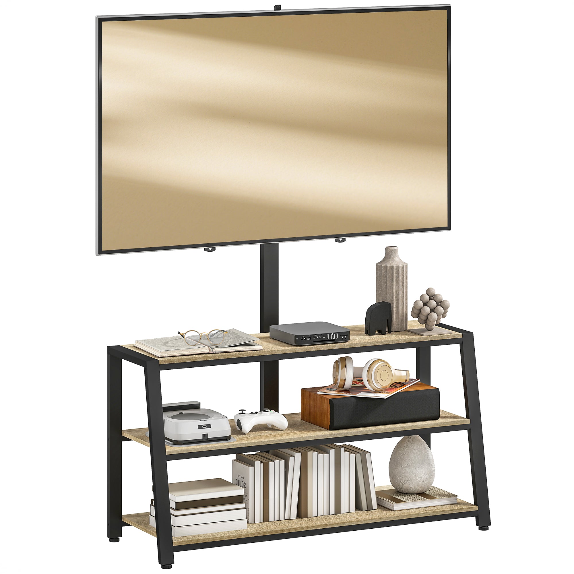 Meuble TV avec support orientable 35°, meuble télé pour téléviseurs de 32-70 pouces, étagères ouvertes, banc TV industriel pour salon chambre à coucher, 108x41x135cm, effet bois naturel