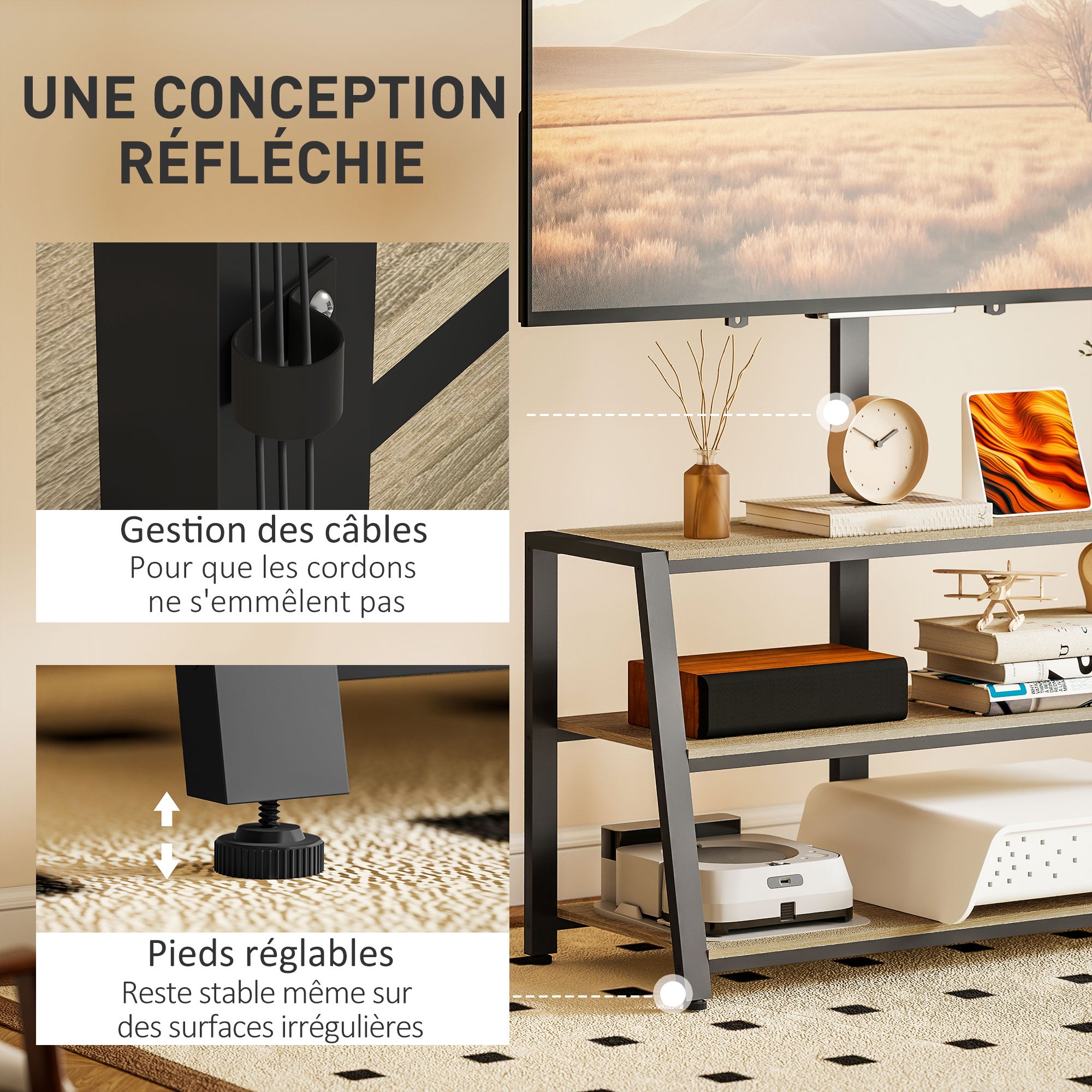 Meuble TV avec support orientable 35°, meuble télé pour téléviseurs de 32-70 pouces, étagères ouvertes, banc TV industriel pour salon chambre à coucher, 108x41x135cm, effet bois naturel