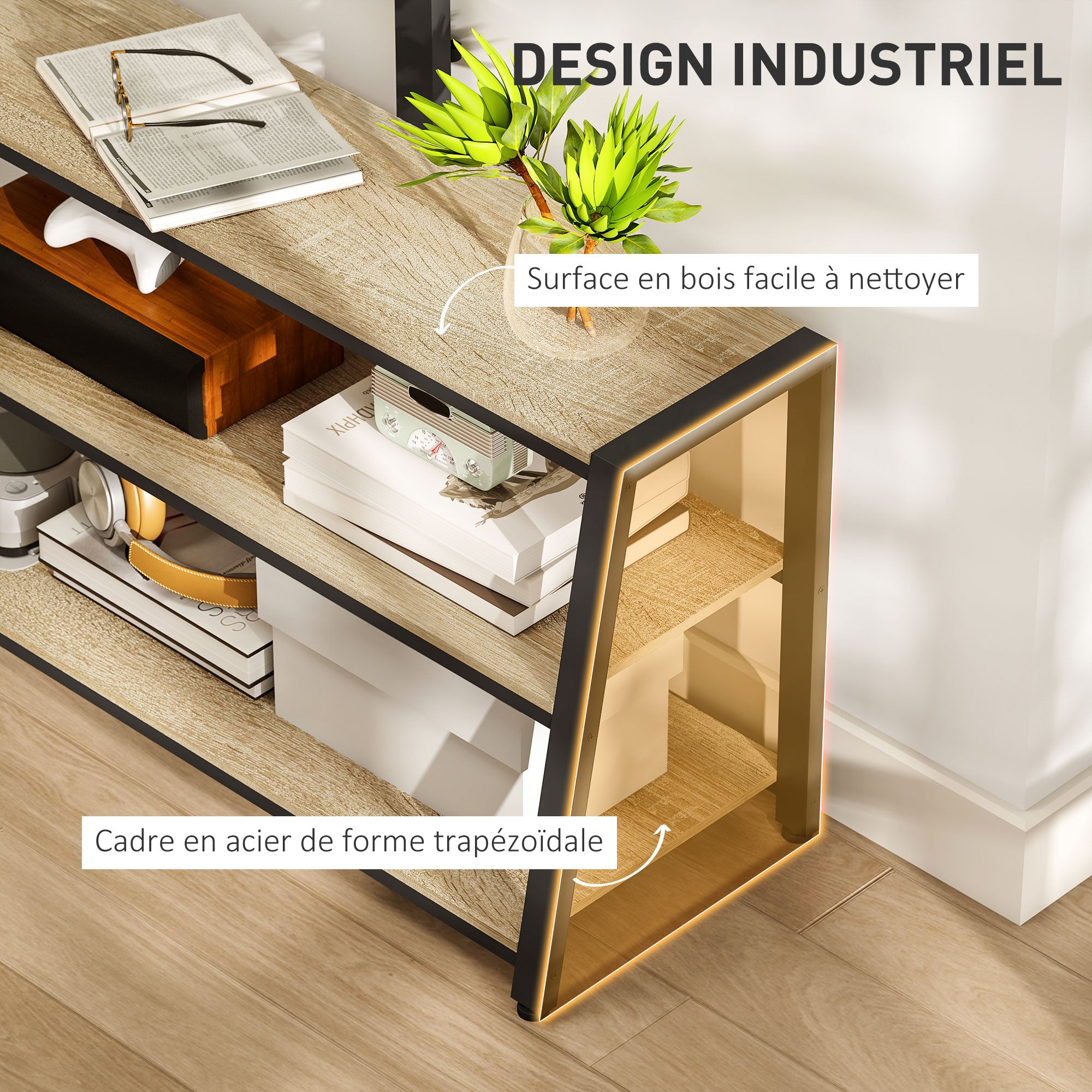 Meuble TV avec support orientable 35°, meuble télé pour téléviseurs de 32-70 pouces, étagères ouvertes, banc TV industriel pour salon chambre à coucher, 108x41x135cm, effet bois naturel