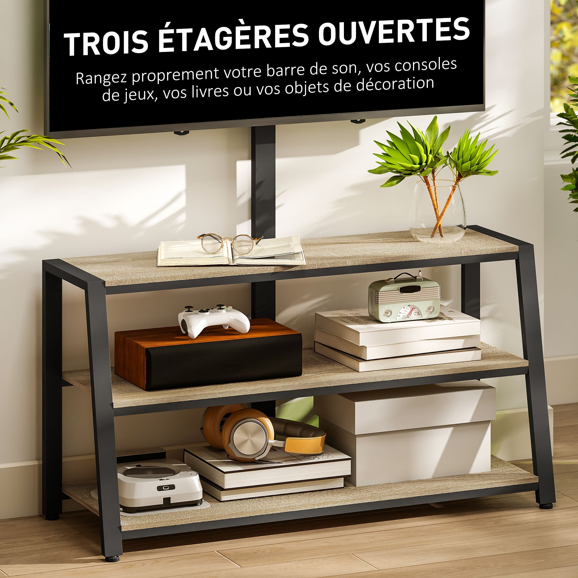Meuble TV avec support orientable 35°, meuble télé pour téléviseurs de 32-70 pouces, étagères ouvertes, banc TV industriel pour salon chambre à coucher, 108x41x135cm, effet bois naturel