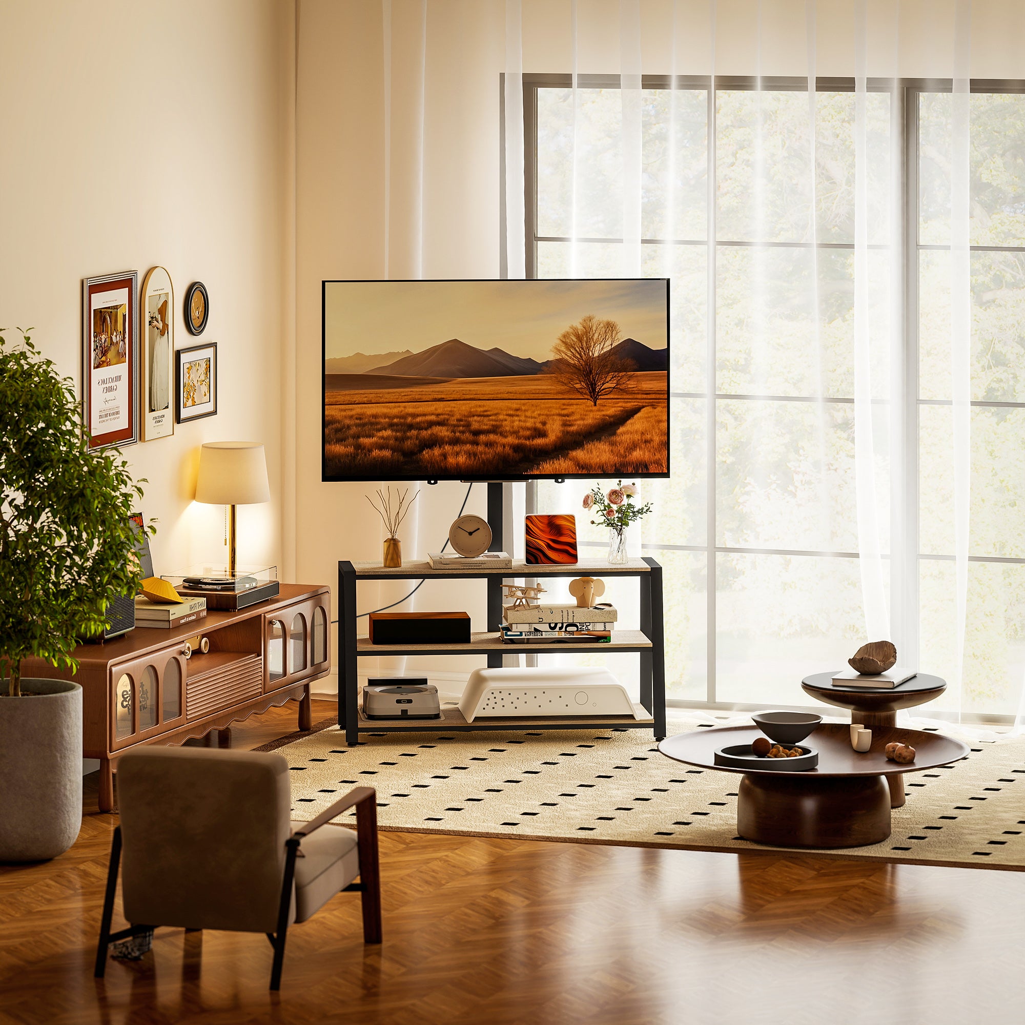 Meuble TV avec support orientable 35°, meuble télé pour téléviseurs de 32-70 pouces, étagères ouvertes, banc TV industriel pour salon chambre à coucher, 108x41x135cm, effet bois naturel