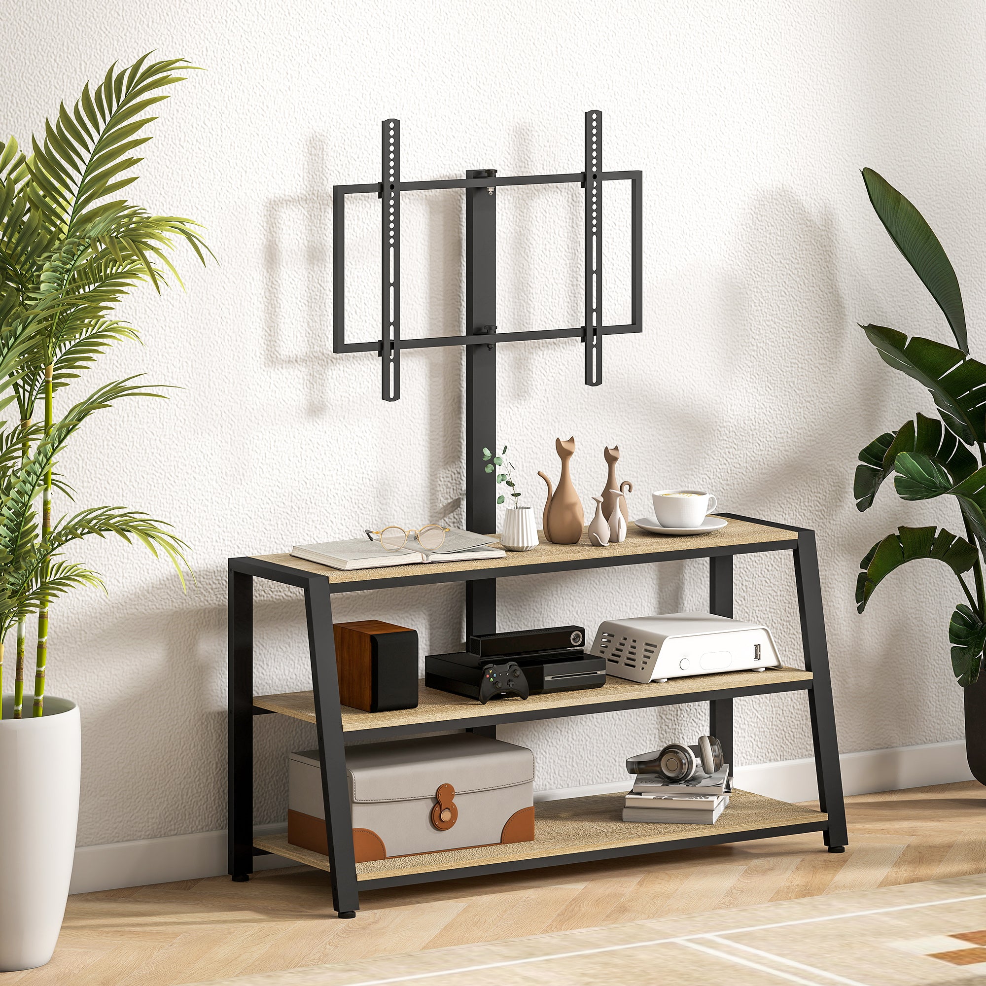 Meuble TV avec support orientable 35°, meuble télé pour téléviseurs de 32-70 pouces, étagères ouvertes, banc TV industriel pour salon chambre à coucher, 108x41x135cm, effet bois naturel