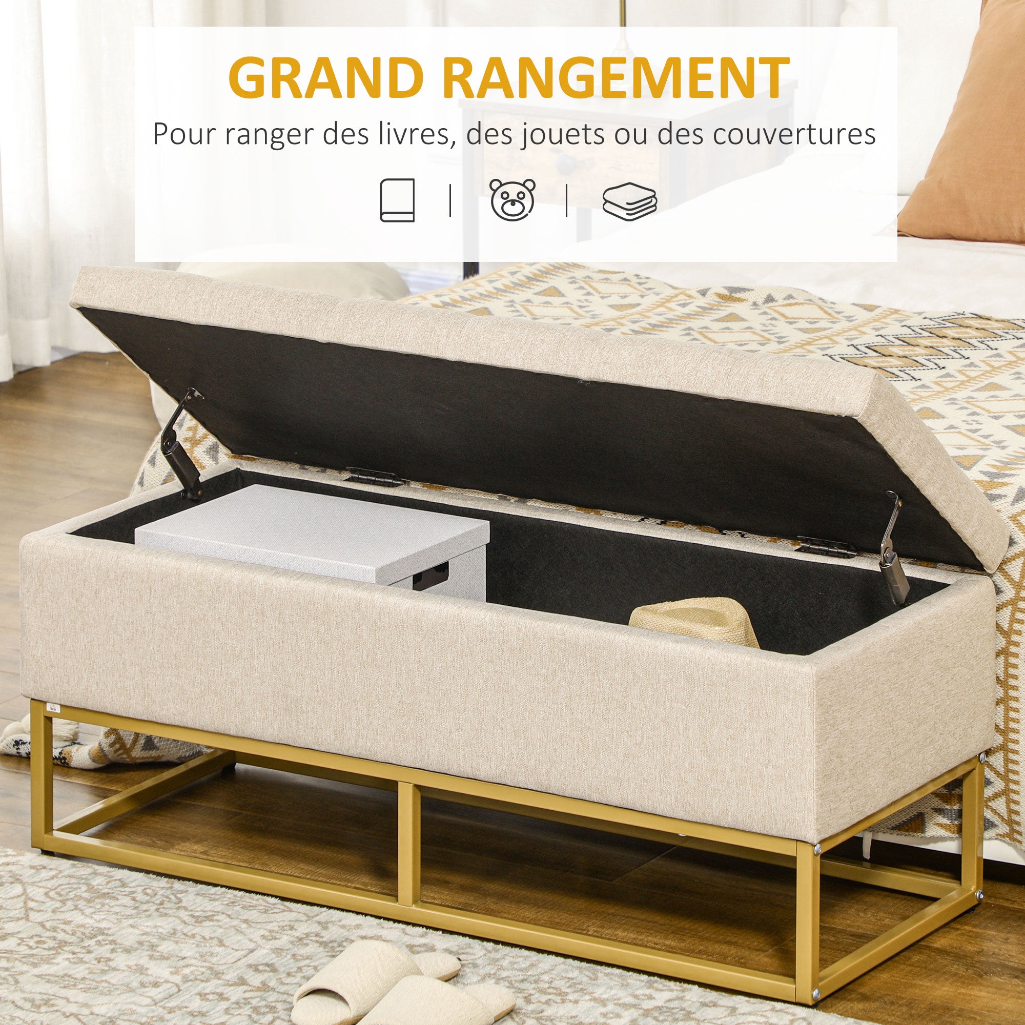 Banc de rangement, bout de lit, coffre de rangement avec assise capitonnée et pieds en acier, 110 x 44 x 48 cm, beige et doré