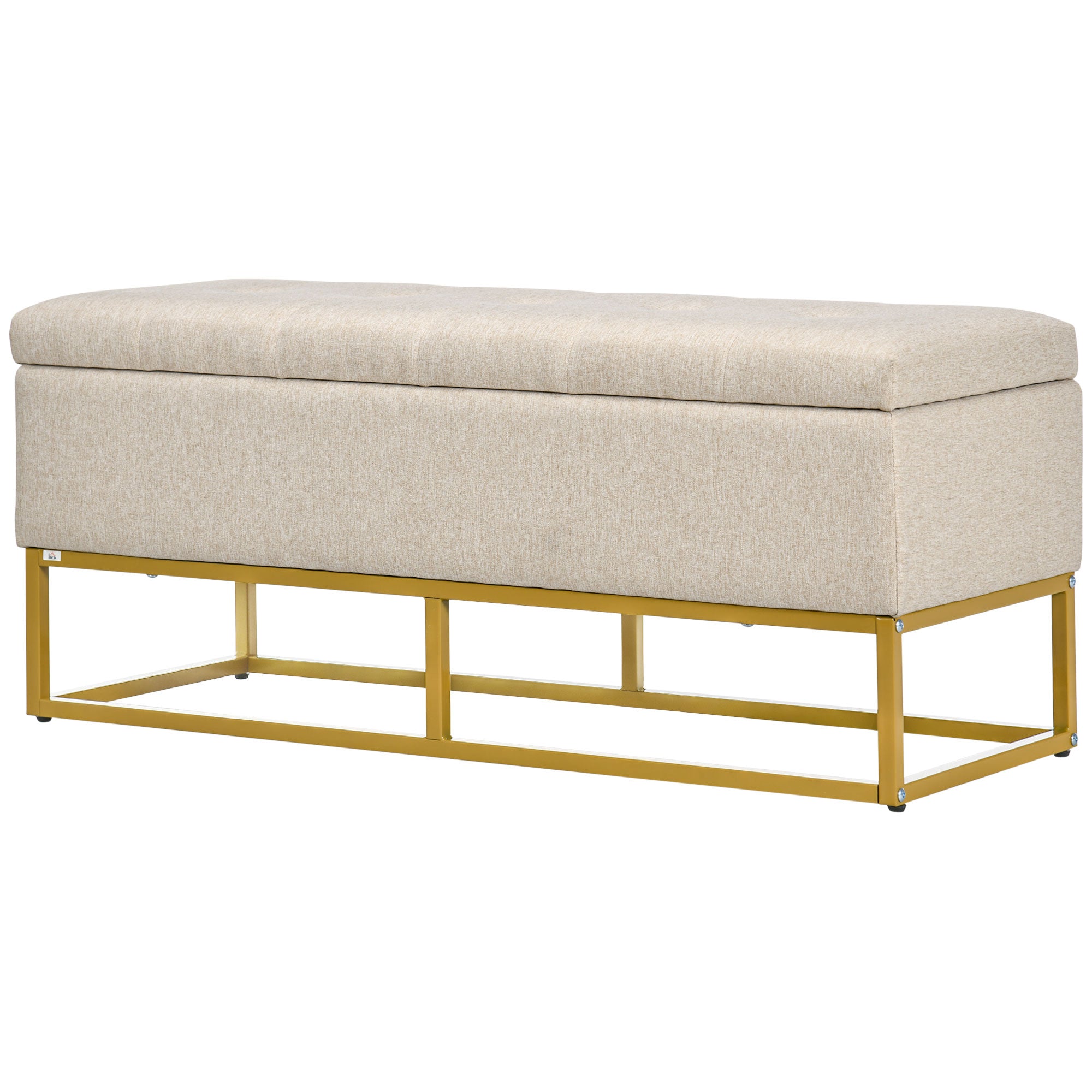 Banc de rangement, bout de lit, coffre de rangement avec assise capitonnée et pieds en acier, 110 x 44 x 48 cm, beige et doré