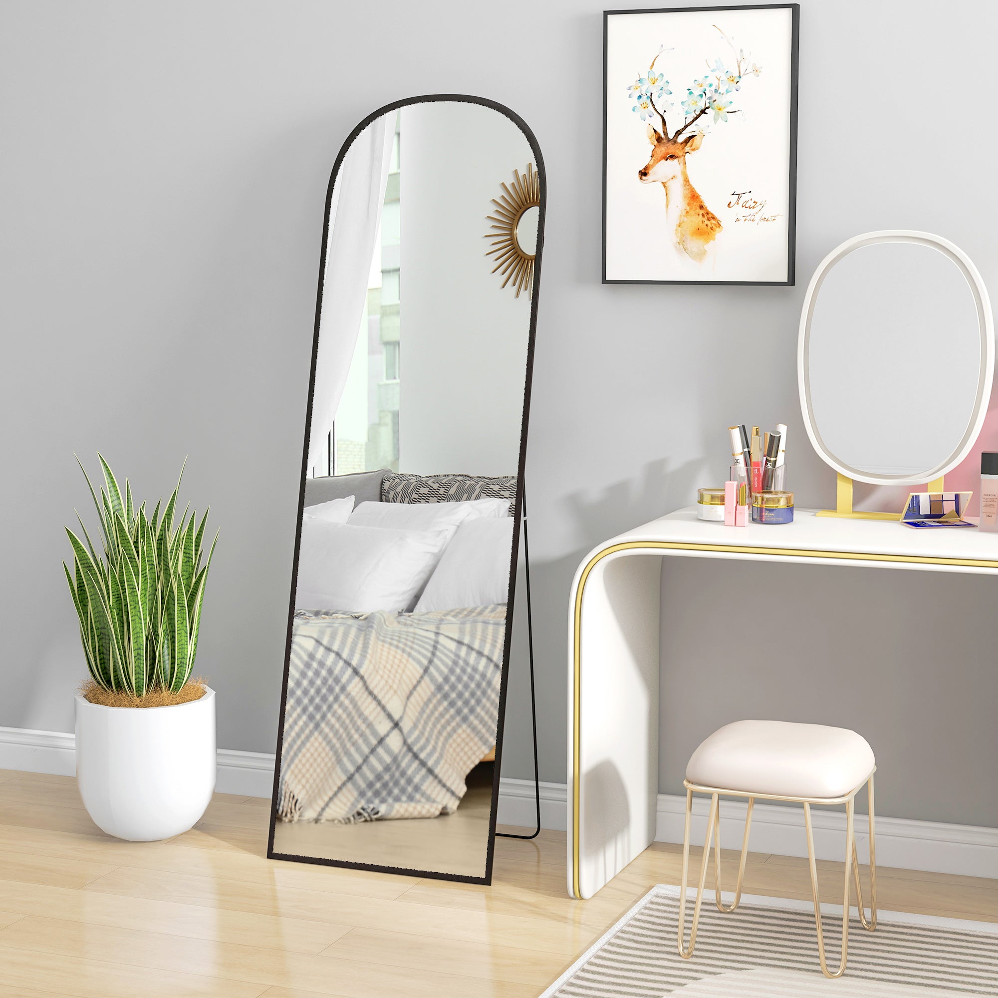 Miroir sur pied, miroir mural rectangulaire, arrondi, cadre en aluminium, support pour entrée, chambre, dressing, 50 x 161,5 cm, noir