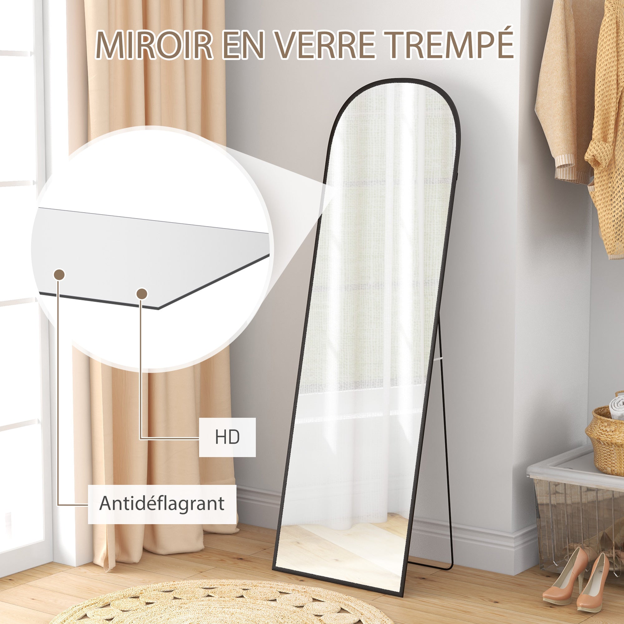Miroir sur pied, miroir mural rectangulaire, arrondi, cadre en aluminium, support pour entrée, chambre, dressing, 50 x 161,5 cm, noir