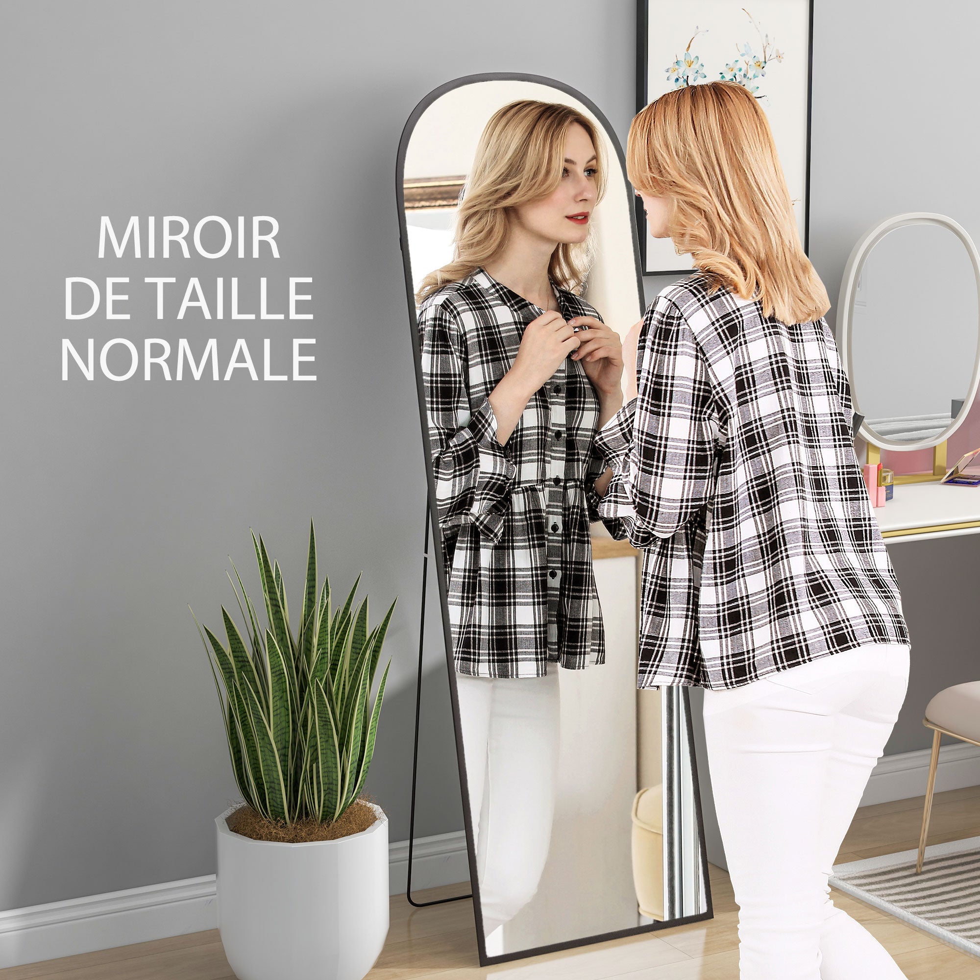 Miroir sur pied, miroir mural rectangulaire, arrondi, cadre en aluminium, support pour entrée, chambre, dressing, 50 x 161,5 cm, noir