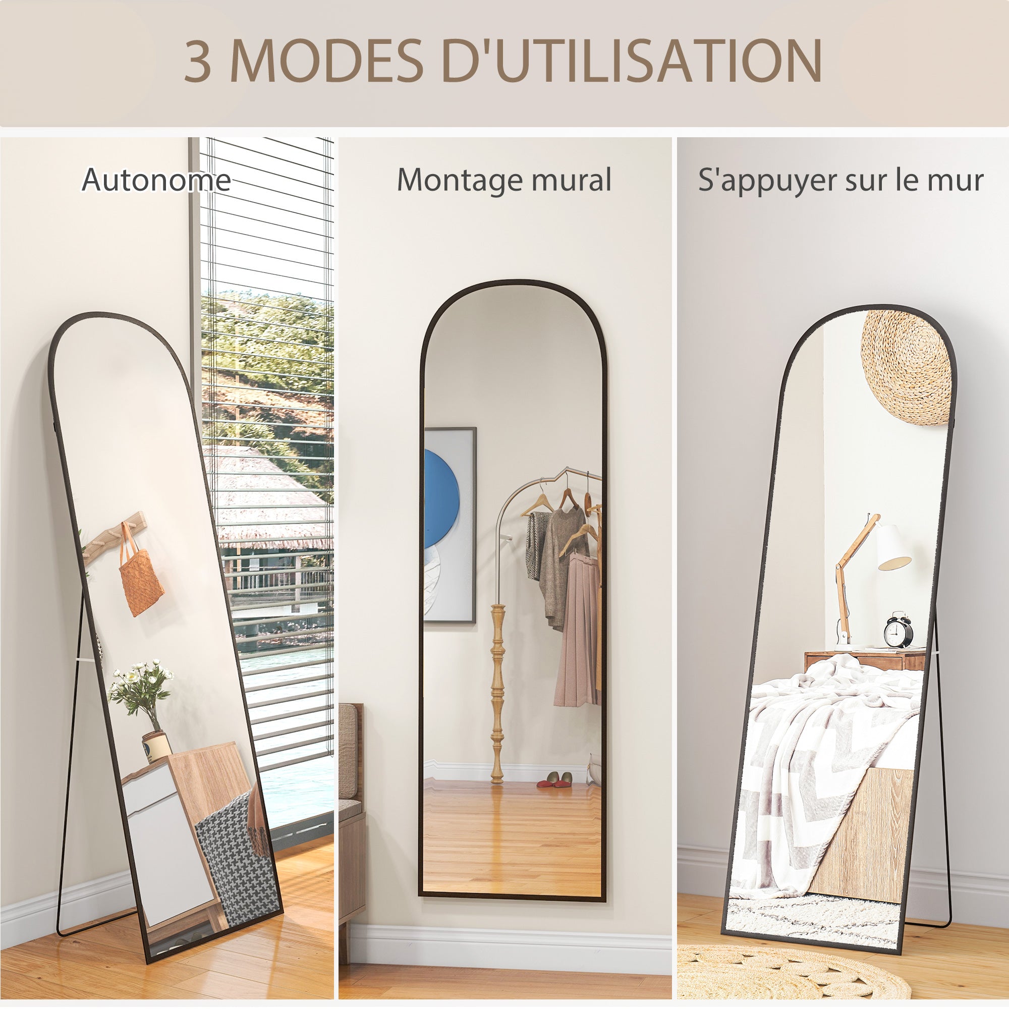 Miroir sur pied, miroir mural rectangulaire, arrondi, cadre en aluminium, support pour entrée, chambre, dressing, 50 x 161,5 cm, noir