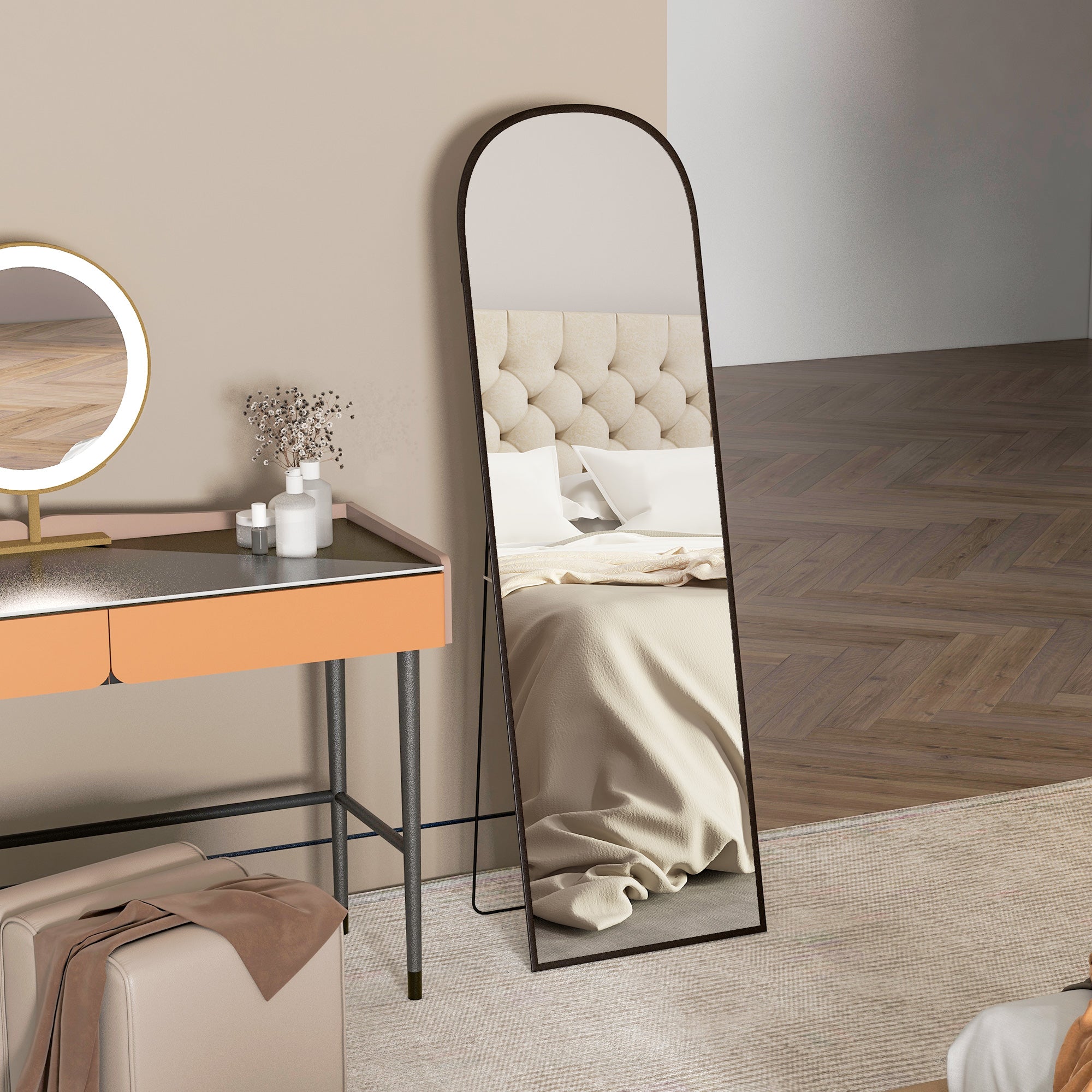 Miroir sur pied, miroir mural rectangulaire, arrondi, cadre en aluminium, support pour entrée, chambre, dressing, 50 x 161,5 cm, noir