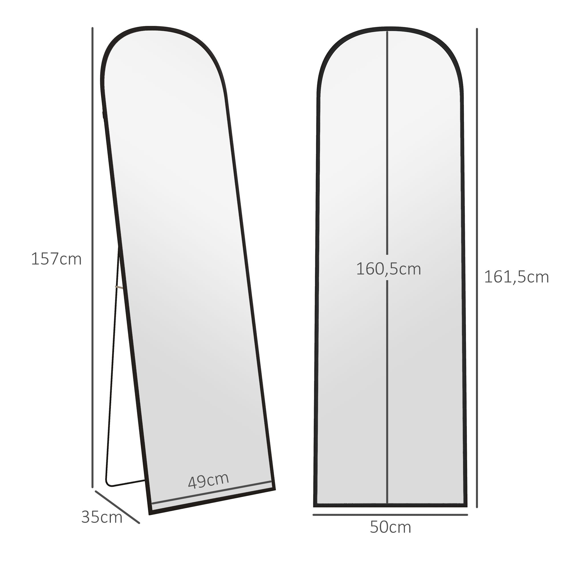 Miroir sur pied, miroir mural rectangulaire, arrondi, cadre en aluminium, support pour entrée, chambre, dressing, 50 x 161,5 cm, noir