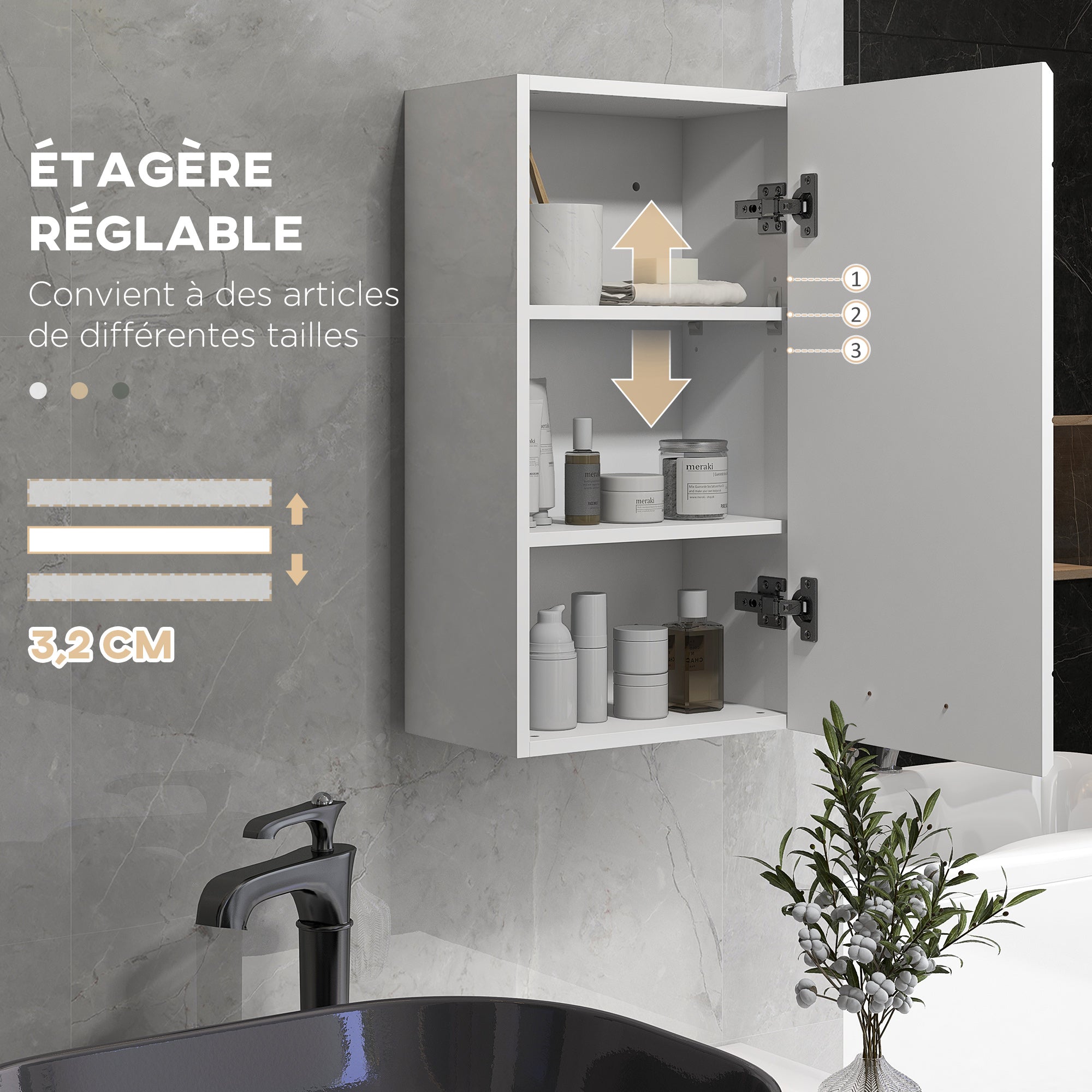 Armoire murale de salle de bain, placard de rangement toilette 3 niveaux, étagère réglable, 1 porte, moderne, armoire suspendue, 37 x 22,5 x 70 cm, blanc haut brillant