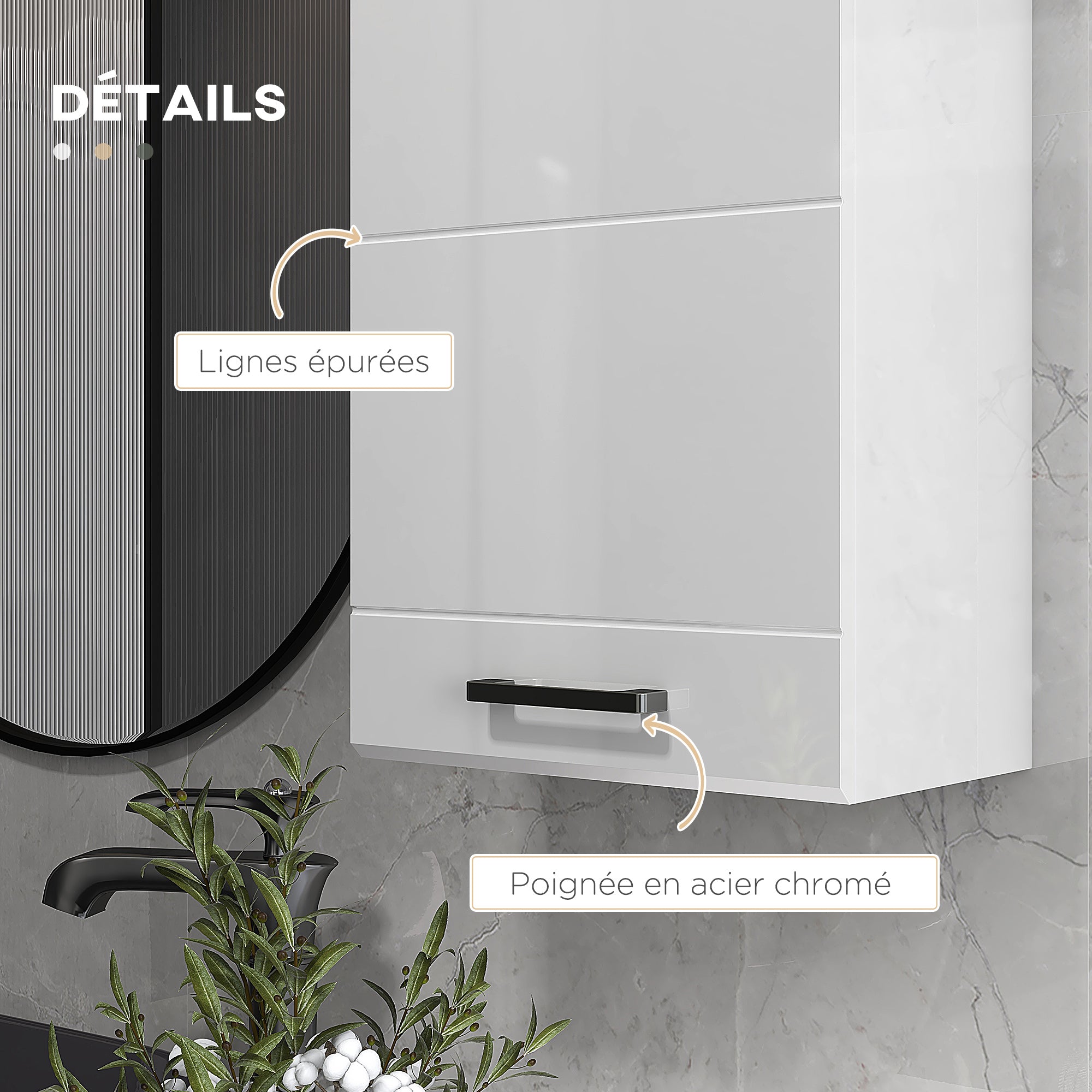 Armoire murale de salle de bain, placard de rangement toilette 3 niveaux, étagère réglable, 1 porte, moderne, armoire suspendue, 37 x 22,5 x 70 cm, blanc haut brillant