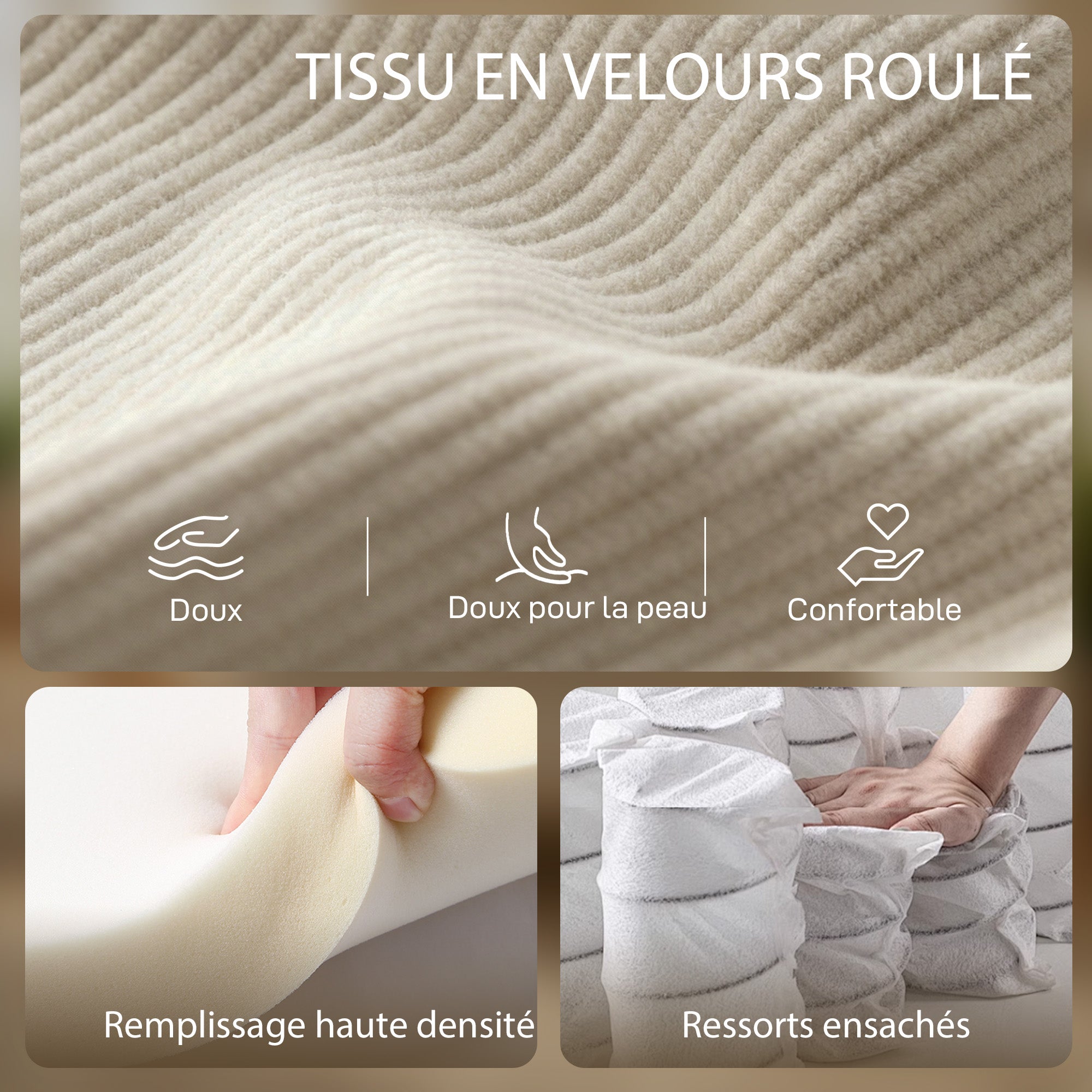 Fauteuil de salon en velours côtelé, canapé 1 place rembourré avec assise large et coussin à ressorts, style moderne, pour chambre, salon, petit espace, beige