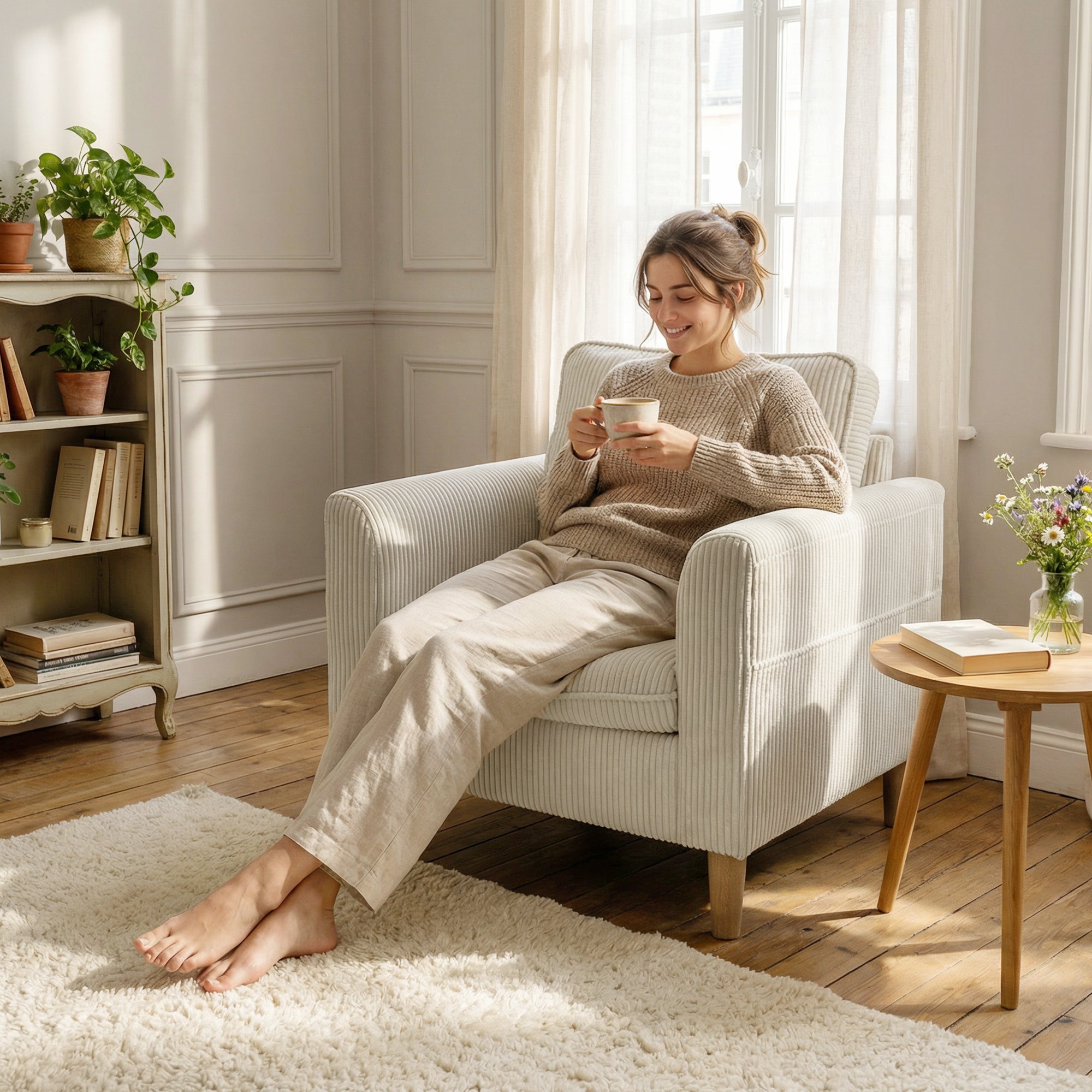 Fauteuil de salon en velours côtelé, canapé 1 place rembourré avec assise large et coussin à ressorts, style moderne, pour chambre, salon, petit espace, beige