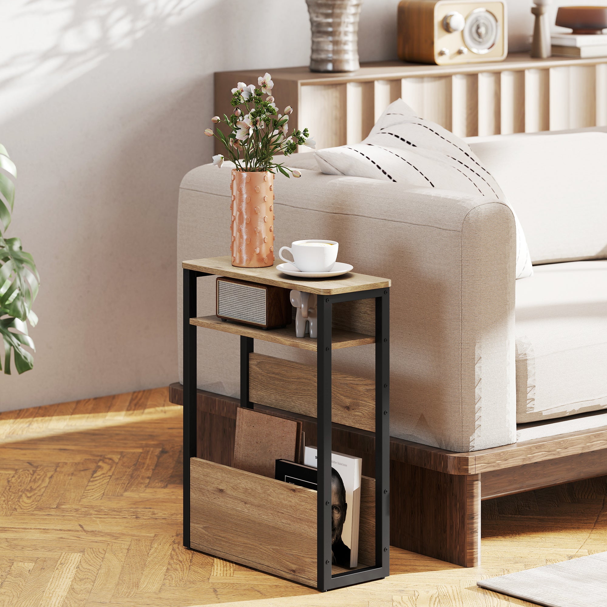 Table d'appoint, table de chevet, bout de canapé, avec étagère à deux niveaux, coins arrondis, patins de pieds réglables, pour chambre, salon, 46 x 18 x 58,5 cm, noyer