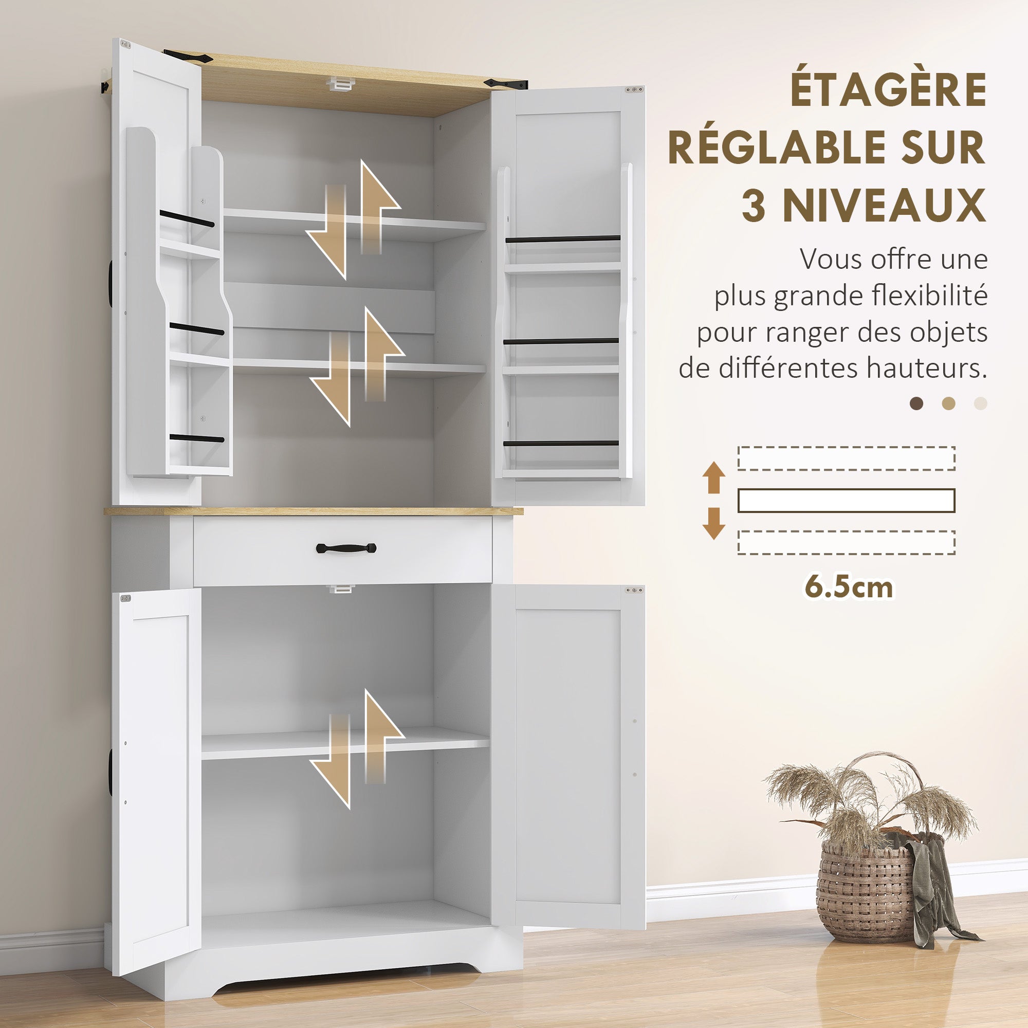 Armoire de cuisine buffet cuisine vaisselier meuble de rangement, avec 4 portes, 6 étagères à porte,1 tiroir et étagères réglables, multi-rangements, 76,5 x 40 x 181 cm, blanc