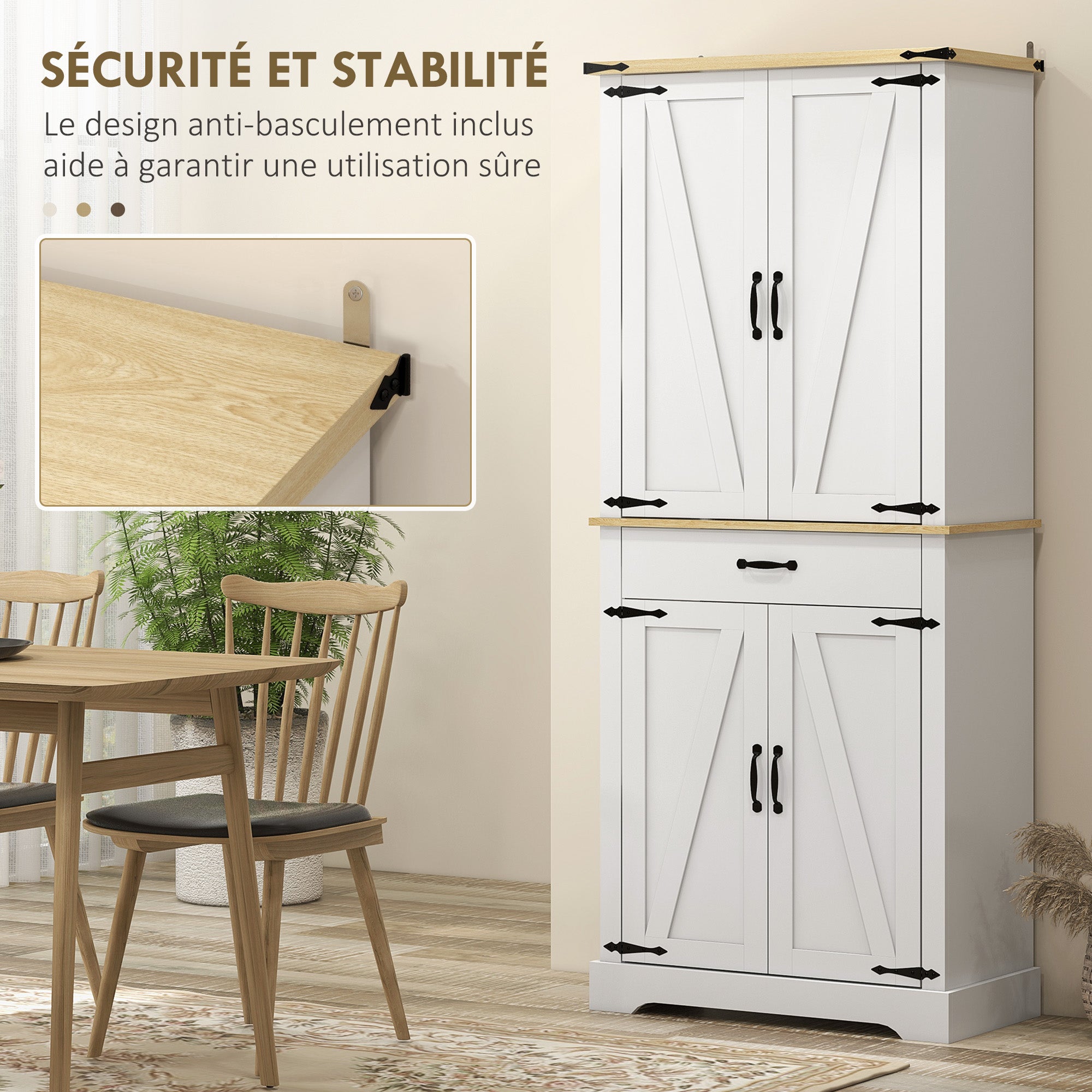 Armoire de cuisine buffet cuisine vaisselier meuble de rangement, avec 4 portes, 6 étagères à porte,1 tiroir et étagères réglables, multi-rangements, 76,5 x 40 x 181 cm, blanc