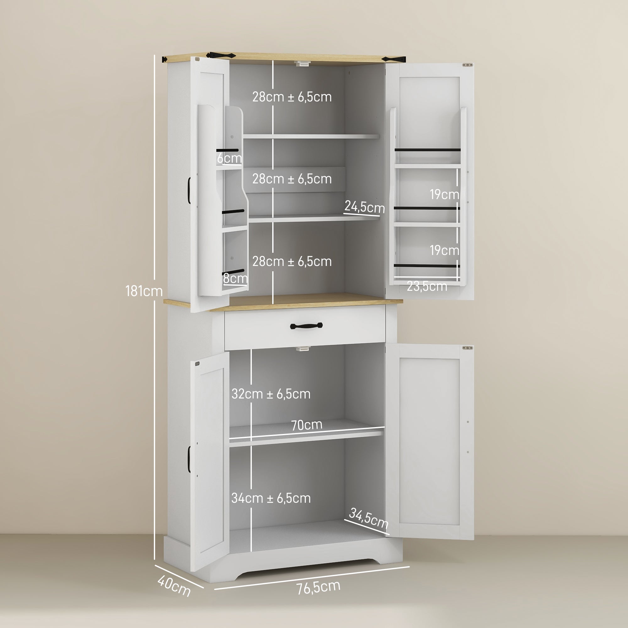 Armoire de cuisine buffet cuisine vaisselier meuble de rangement, avec 4 portes, 6 étagères à porte,1 tiroir et étagères réglables, multi-rangements, 76,5 x 40 x 181 cm, blanc