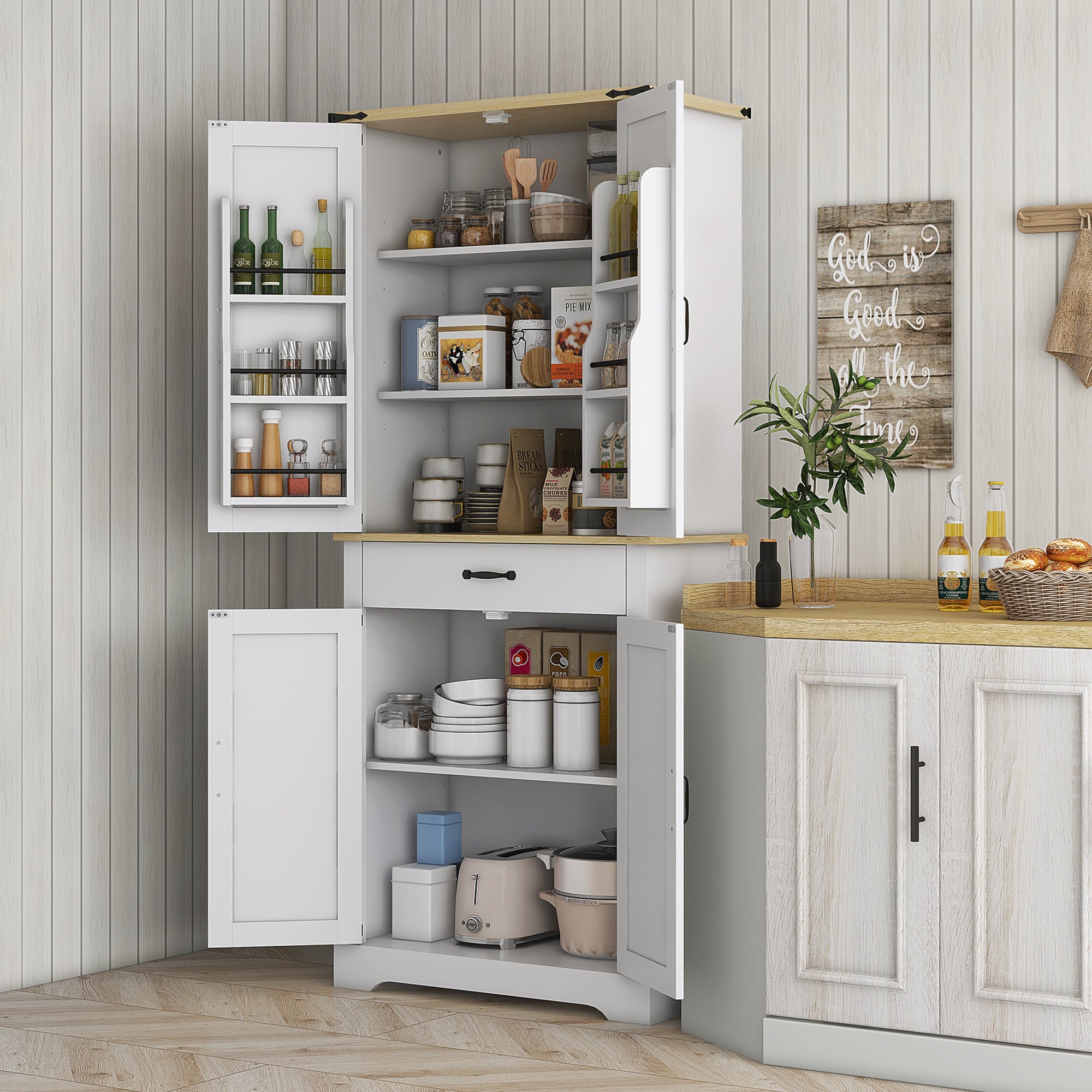 Armoire de cuisine buffet cuisine vaisselier meuble de rangement, avec 4 portes, 6 étagères à porte,1 tiroir et étagères réglables, multi-rangements, 76,5 x 40 x 181 cm, blanc
