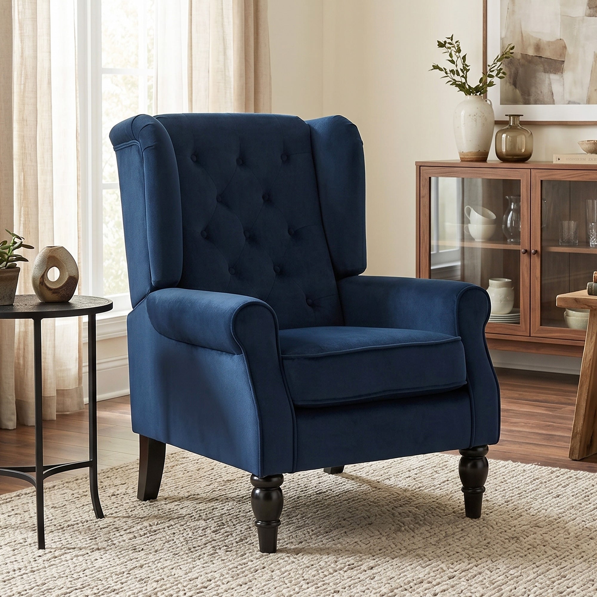 Fauteuil de Salon, Fauteuil Capitonné avec Pieds en Bois, Assise Large, Grand Confort, Style Classique, 74 x 86 x 102 cm, bleu foncé