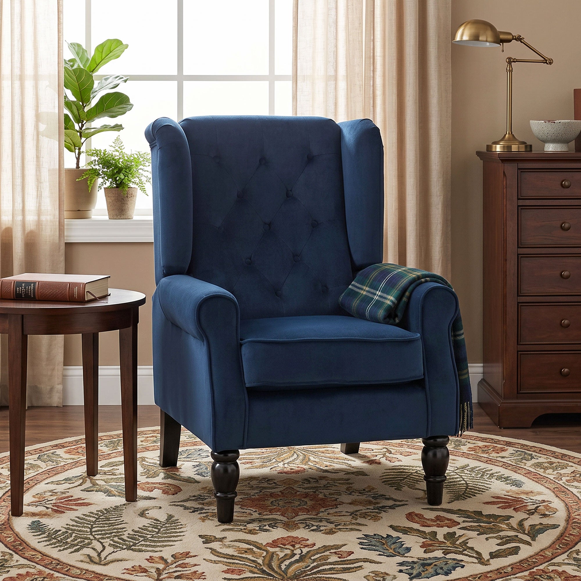 Fauteuil de Salon, Fauteuil Capitonné avec Pieds en Bois, Assise Large, Grand Confort, Style Classique, 74 x 86 x 102 cm, bleu foncé