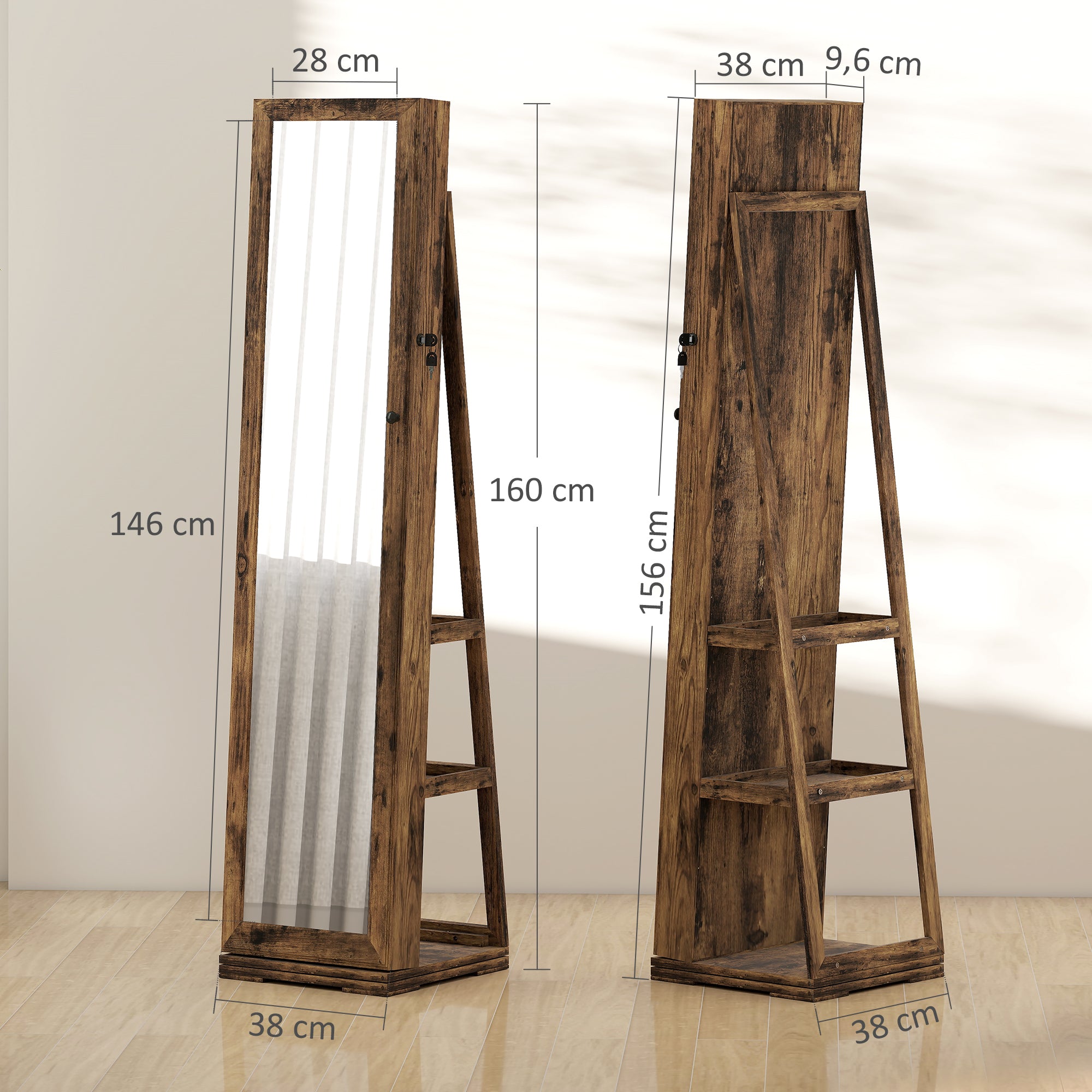 Armoire à Bijoux pivotante verrouillable boîte à bijoux avec Miroir - Armoire Bijoux Multi-Rangement - en Bois Brun Rustique