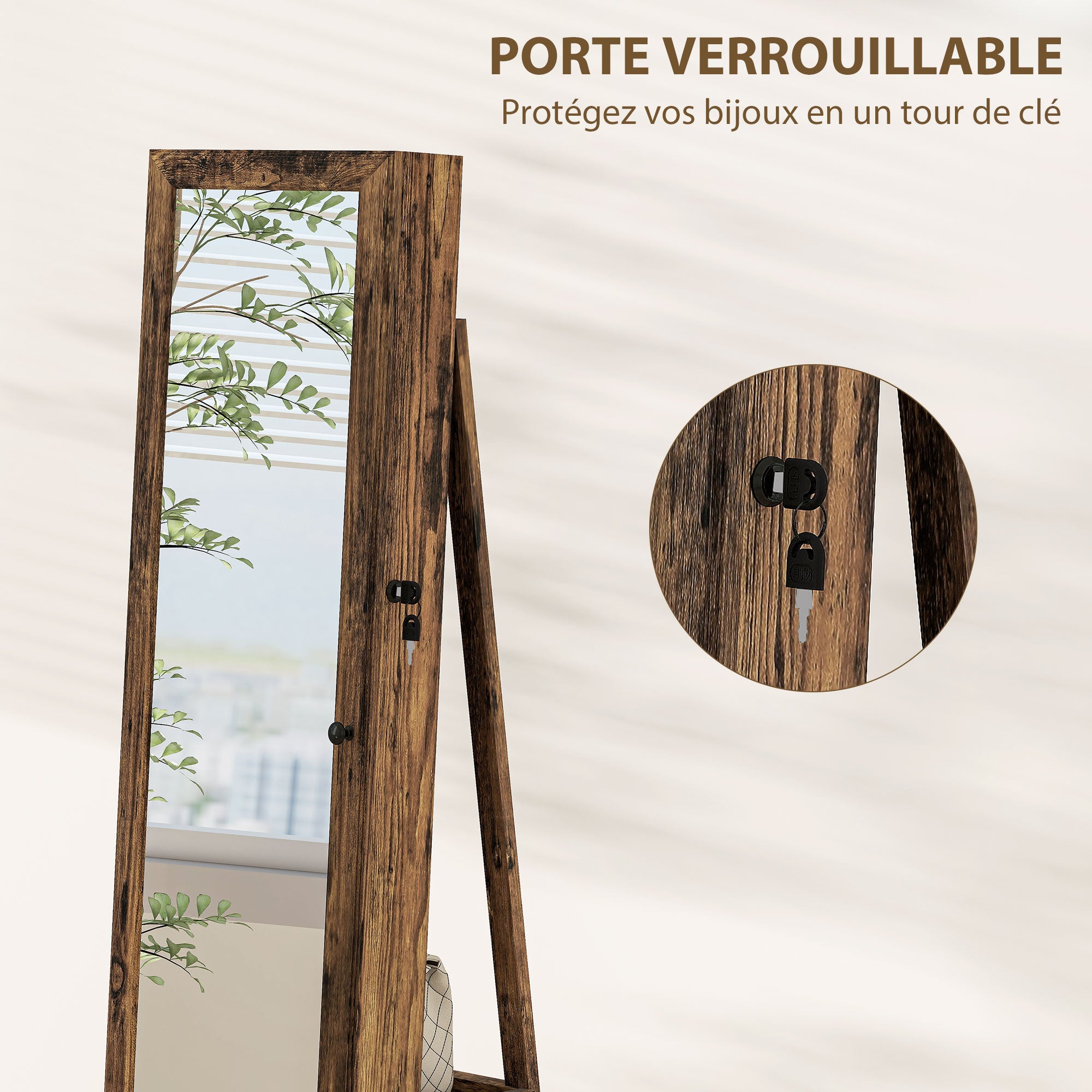 Armoire à Bijoux pivotante verrouillable boîte à bijoux avec Miroir - Armoire Bijoux Multi-Rangement - en Bois Brun Rustique