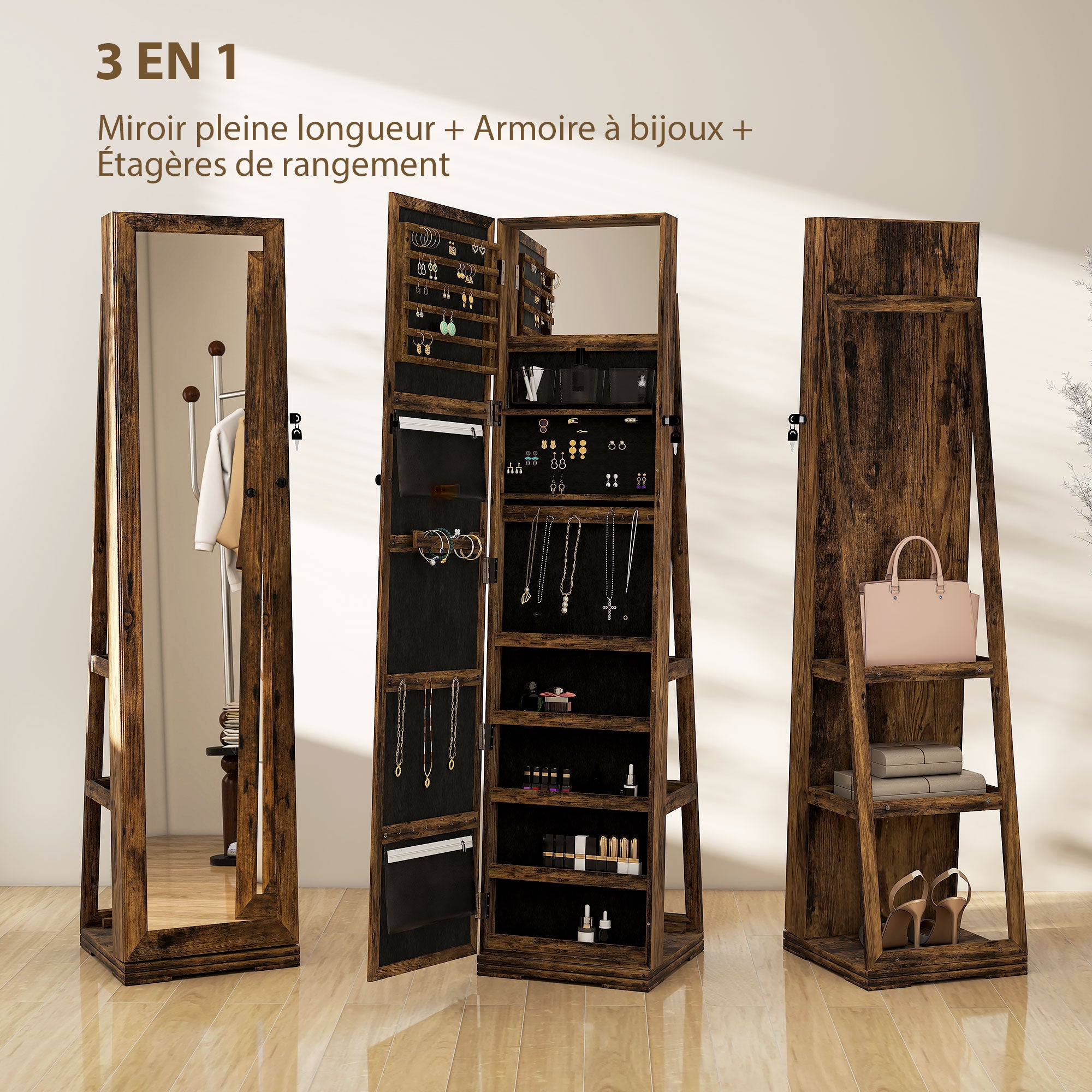 Armoire à Bijoux pivotante verrouillable boîte à bijoux avec Miroir - Armoire Bijoux Multi-Rangement - en Bois Brun Rustique