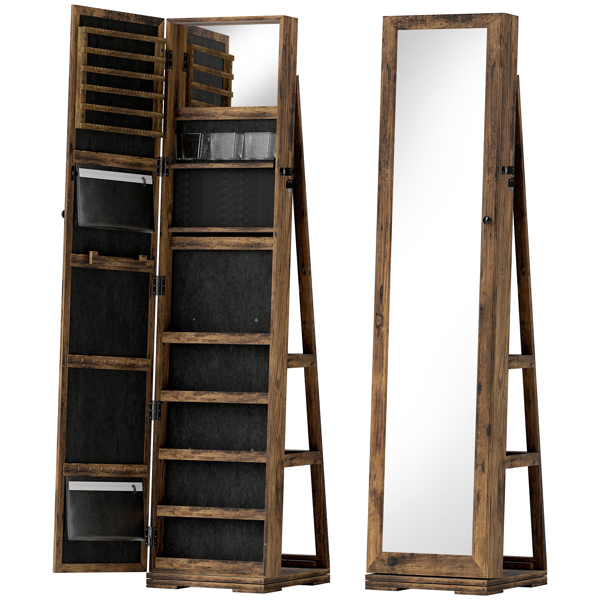 Armoire à Bijoux pivotante verrouillable boîte à bijoux avec Miroir - Armoire Bijoux Multi-Rangement - en Bois Brun Rustique