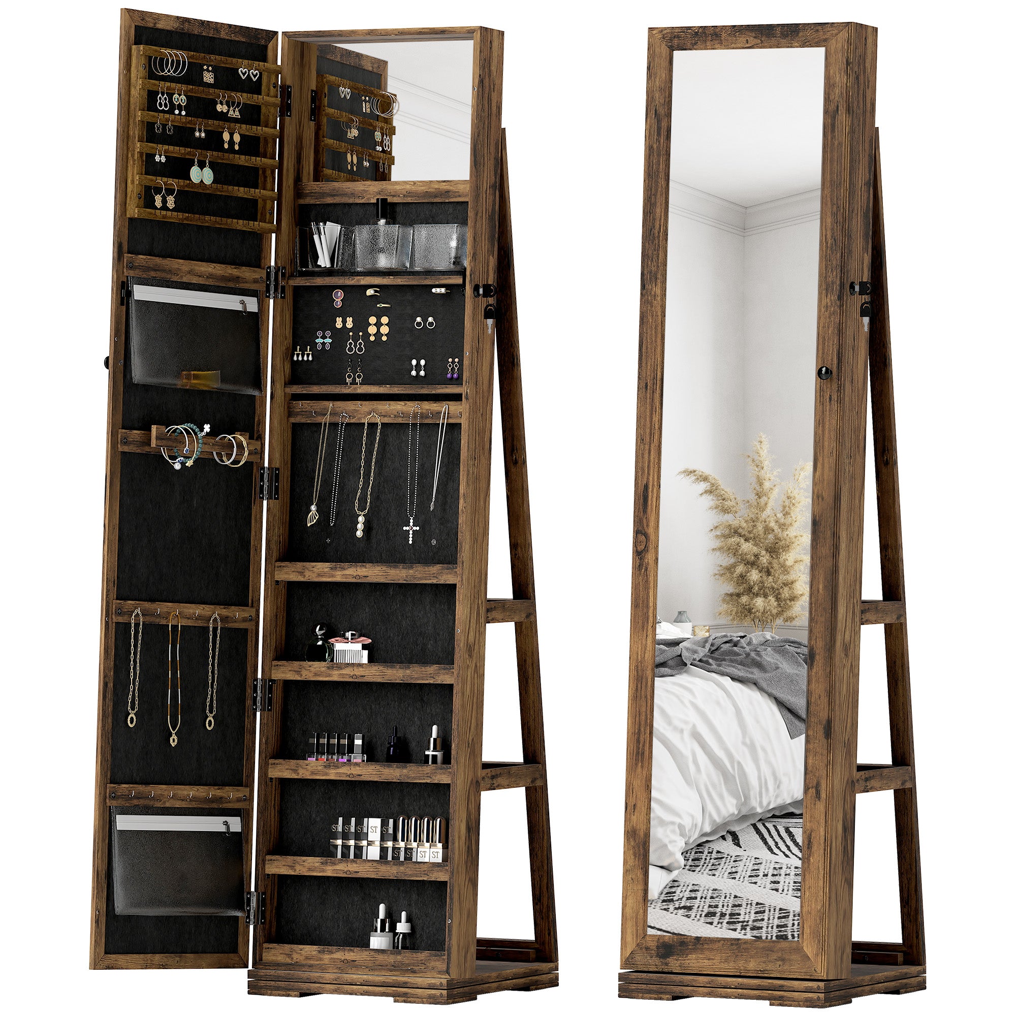 Armoire à Bijoux pivotante verrouillable boîte à bijoux avec Miroir - Armoire Bijoux Multi-Rangement - en Bois Brun Rustique